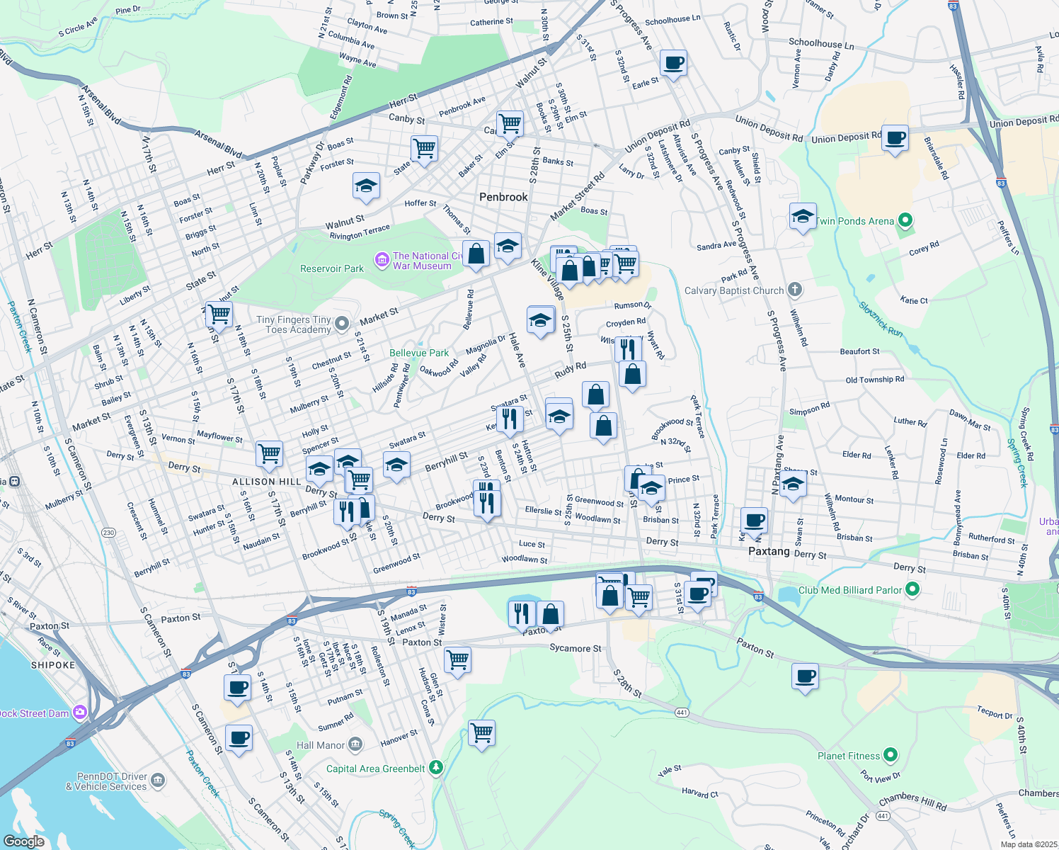 map of restaurants, bars, coffee shops, grocery stores, and more near 2434 Berryhill Street in Harrisburg