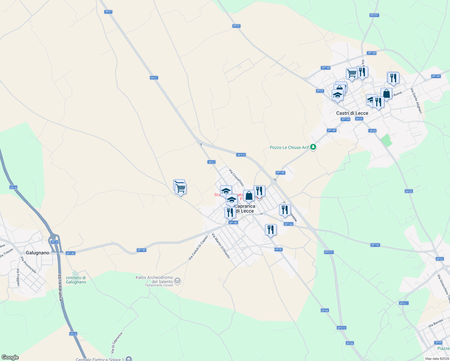 map of restaurants, bars, coffee shops, grocery stores, and more near 70 Via Milite Ignoto in Caprarica di Lecce