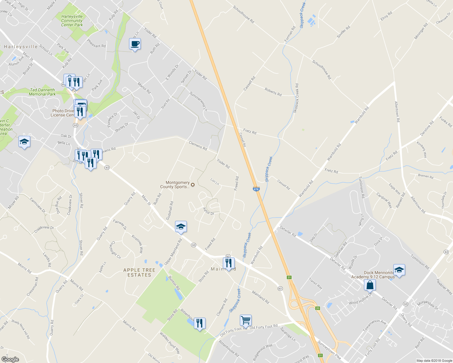 map of restaurants, bars, coffee shops, grocery stores, and more near 111 Lori Lane in Harleysville
