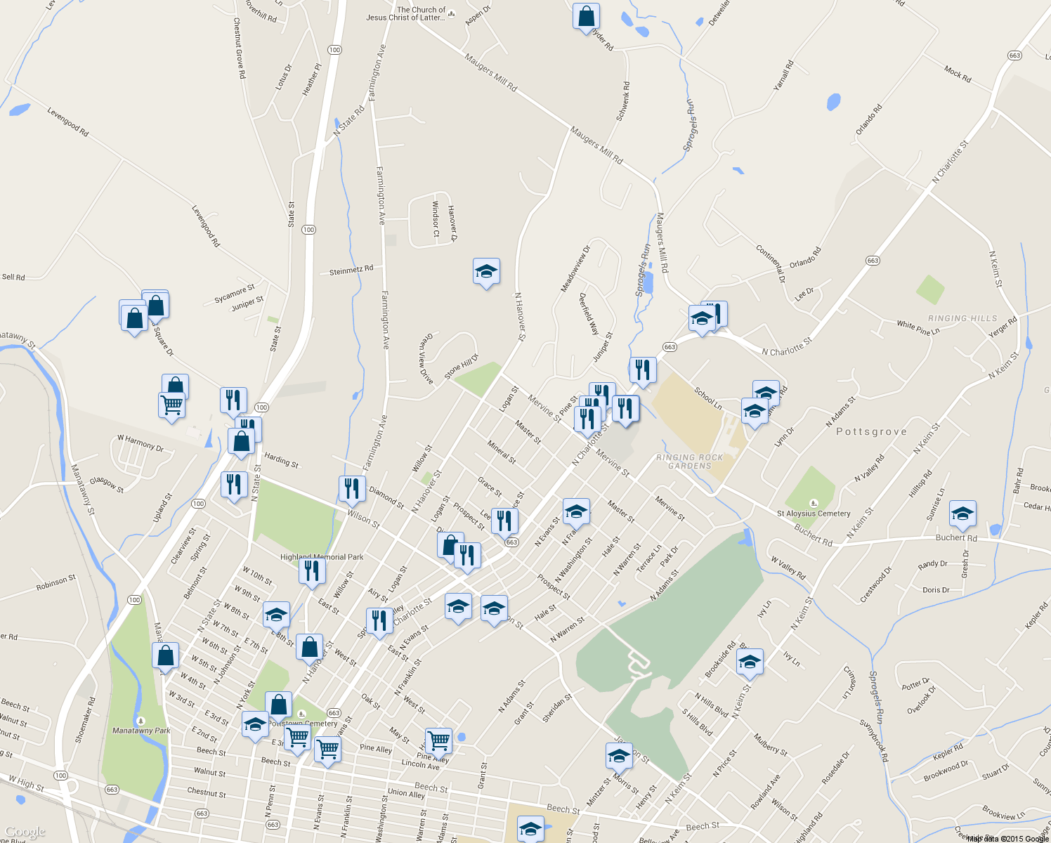 map of restaurants, bars, coffee shops, grocery stores, and more near 237 Master St in Pottstown