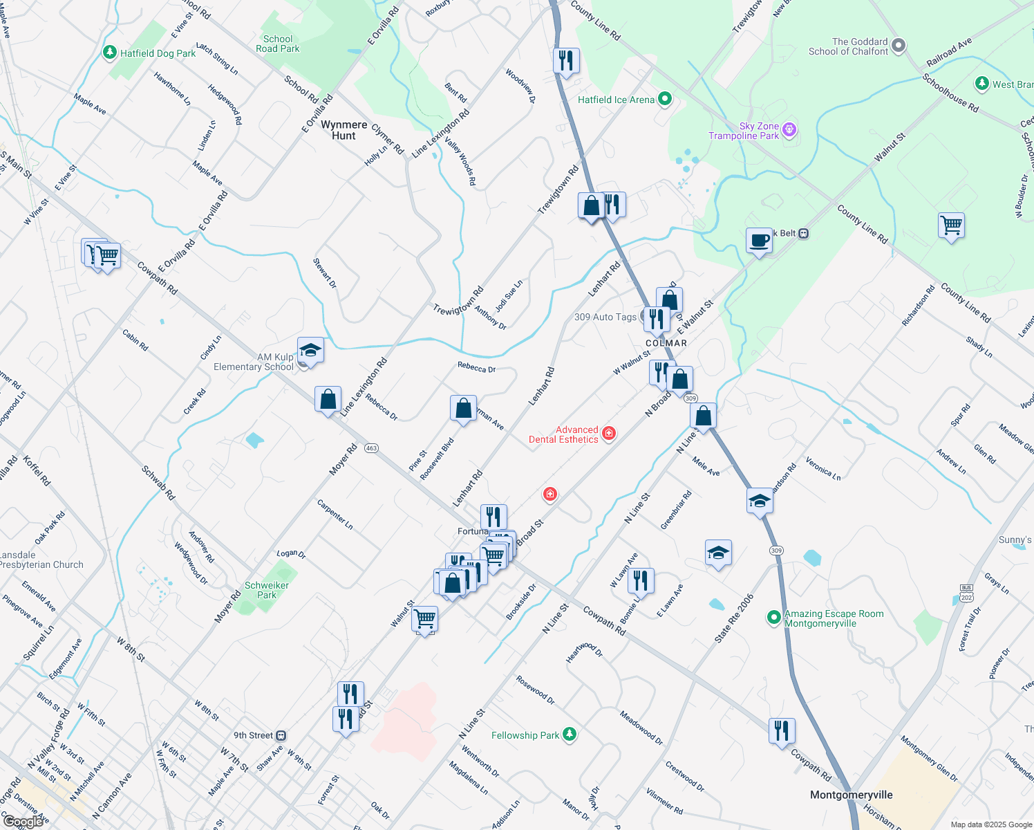 map of restaurants, bars, coffee shops, grocery stores, and more near 2222 Lenhart Road in Colmar