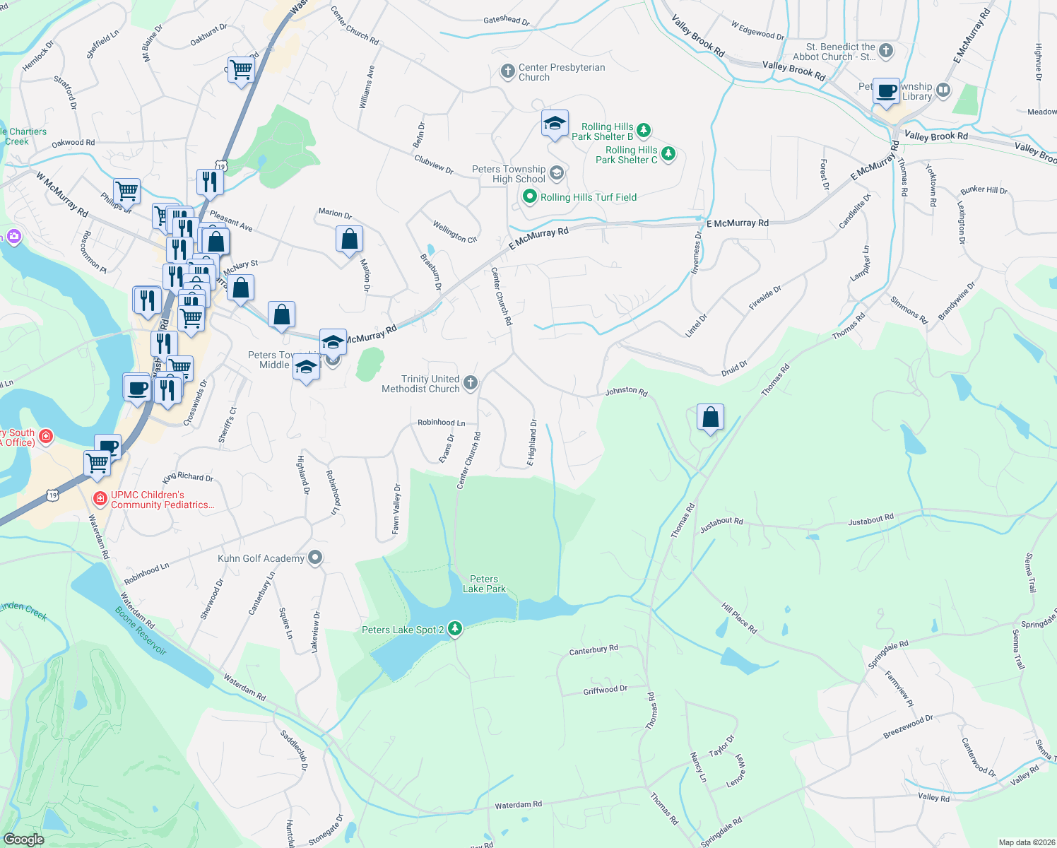 map of restaurants, bars, coffee shops, grocery stores, and more near 183 East Highland Drive in Canonsburg