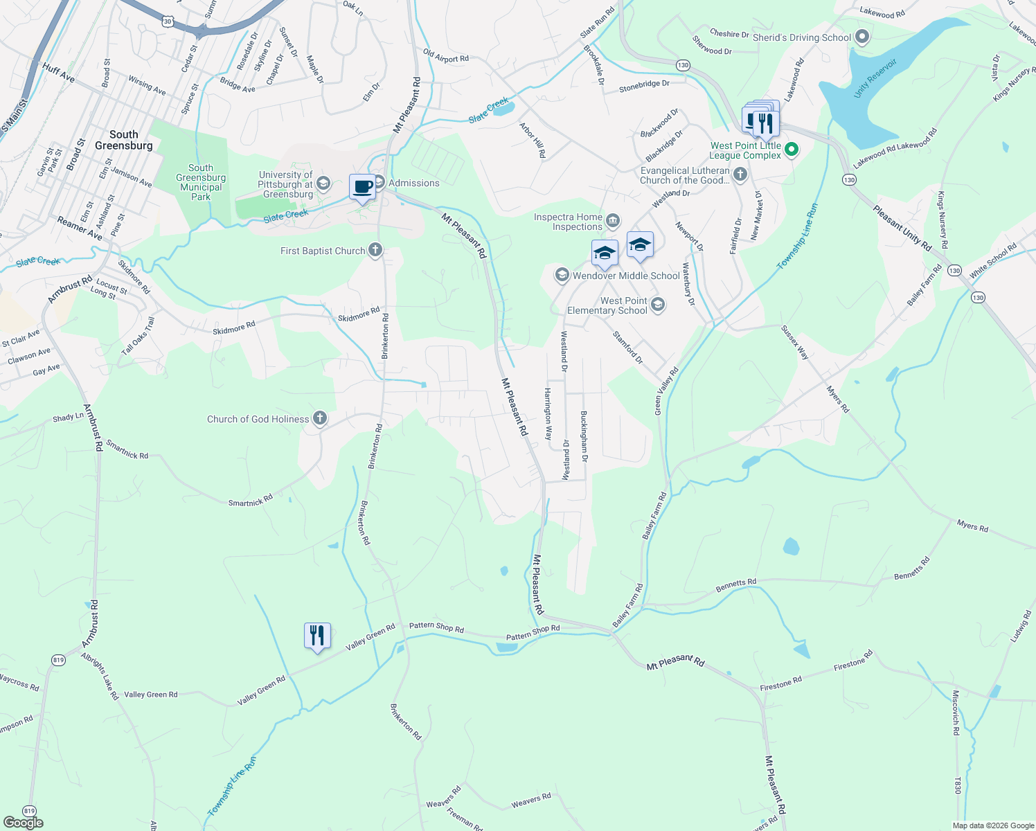 map of restaurants, bars, coffee shops, grocery stores, and more near 1356 Mount Pleasant Road in Greensburg