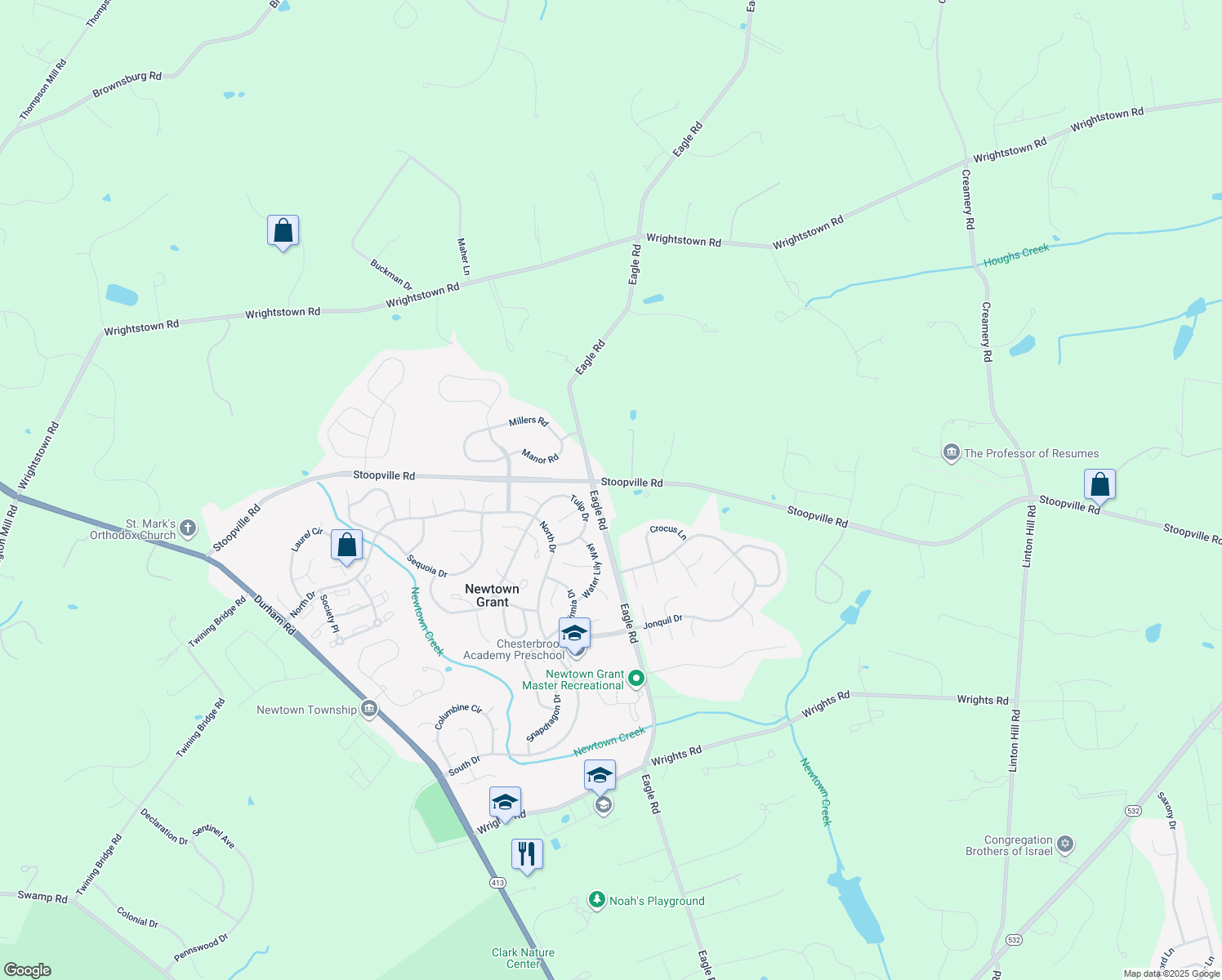 map of restaurants, bars, coffee shops, grocery stores, and more near 399 Eagle Road in Newtown