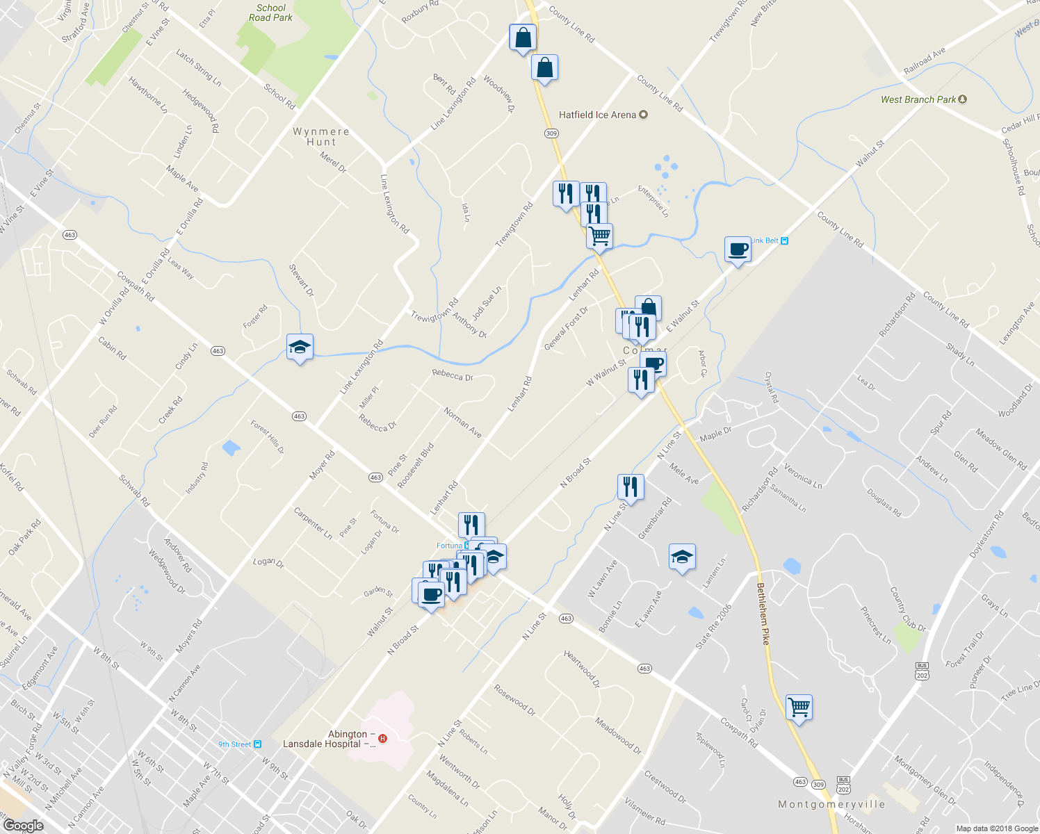 map of restaurants, bars, coffee shops, grocery stores, and more near 2339 Lenhart Road in Colmar