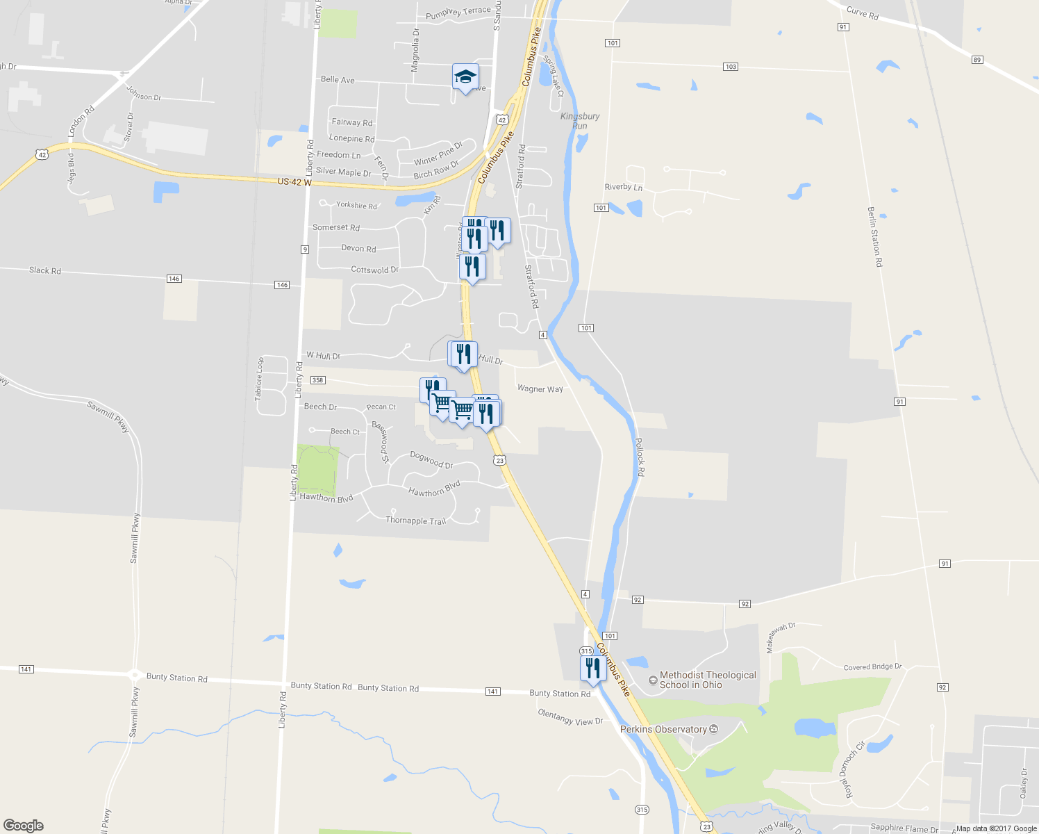 map of restaurants, bars, coffee shops, grocery stores, and more near 45 Stratford Dr in Delaware