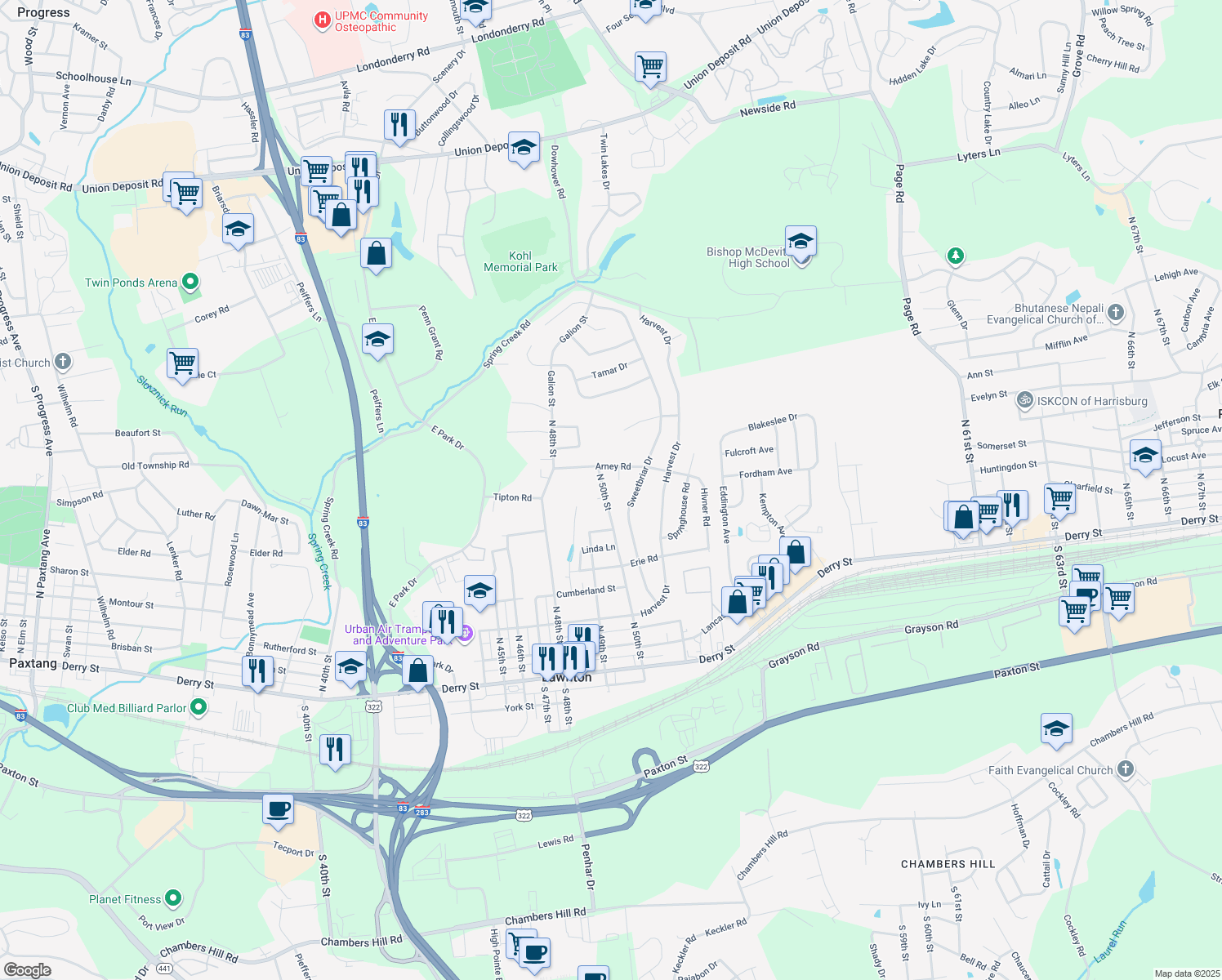 map of restaurants, bars, coffee shops, grocery stores, and more near 461 N 50th St in Harrisburg