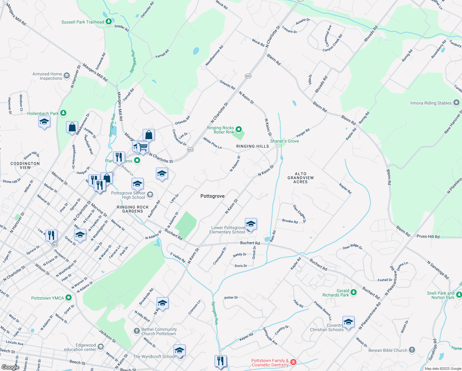 map of restaurants, bars, coffee shops, grocery stores, and more near 1605 North Valley Road in Pottstown