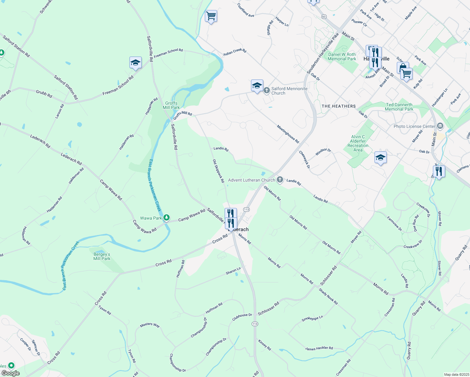 map of restaurants, bars, coffee shops, grocery stores, and more near 555 Old Skippack Road in Harleysville