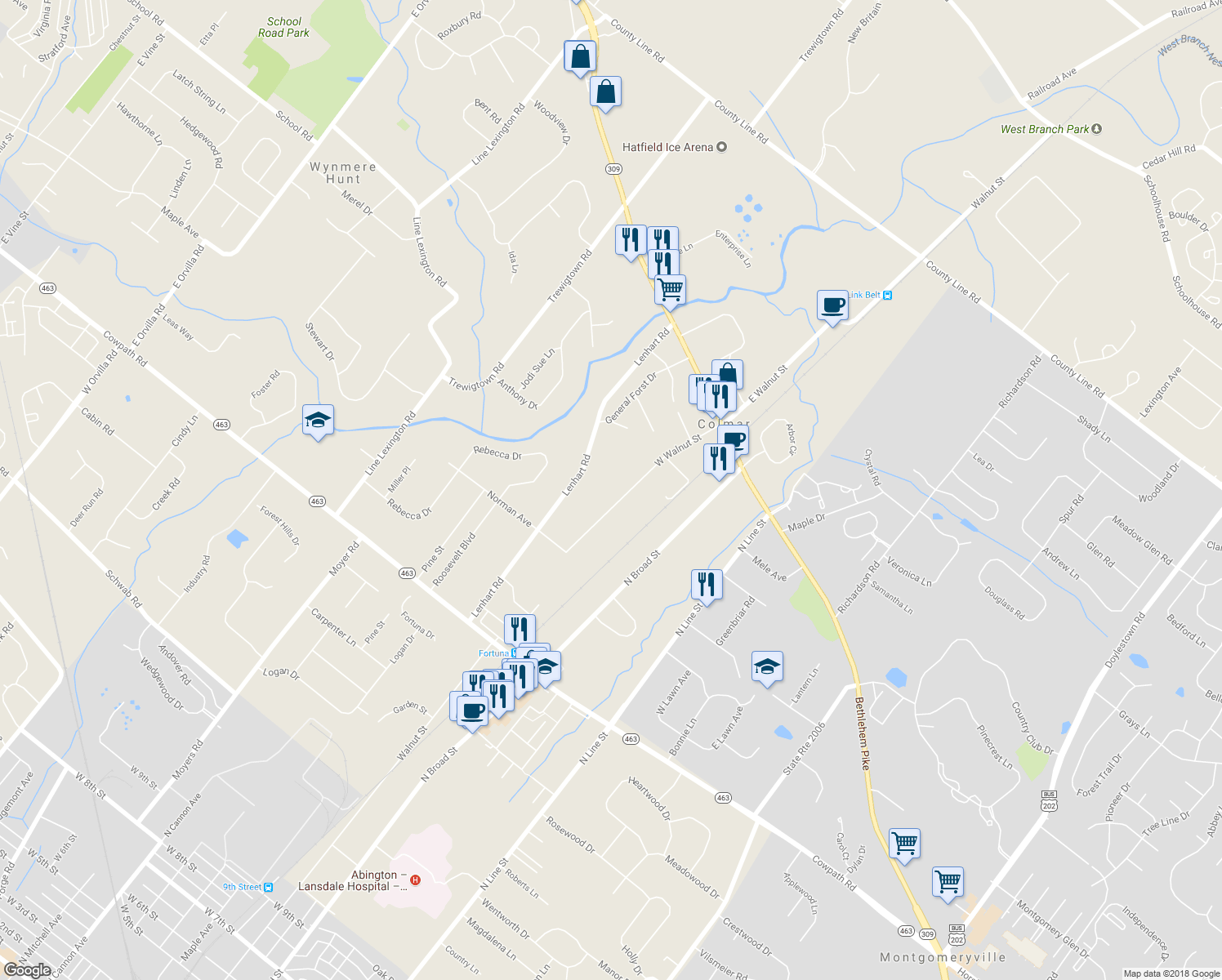 map of restaurants, bars, coffee shops, grocery stores, and more near 2410 West Walnut Street in Colmar