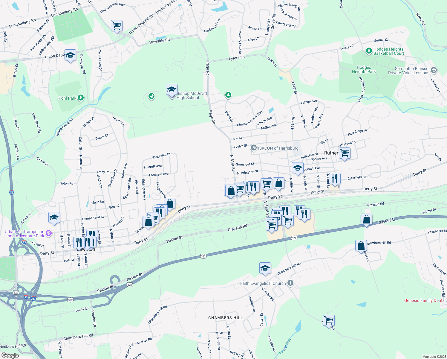 map of restaurants, bars, coffee shops, grocery stores, and more near 5941 Huntingdon Circle in Harrisburg