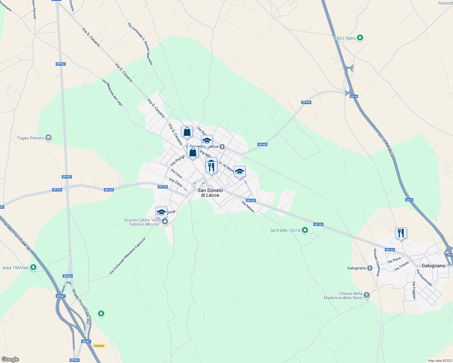 map of restaurants, bars, coffee shops, grocery stores, and more near 30 Via Guglielmo Oberdan in San Donato di Lecce