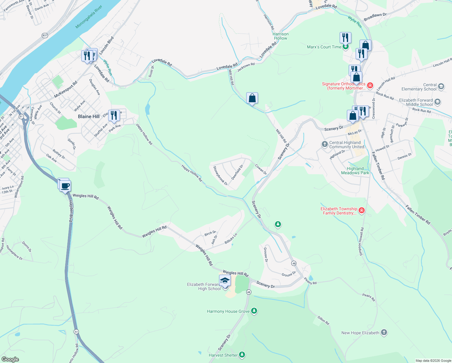 map of restaurants, bars, coffee shops, grocery stores, and more near 419 Stoneybrook Drive in Elizabeth