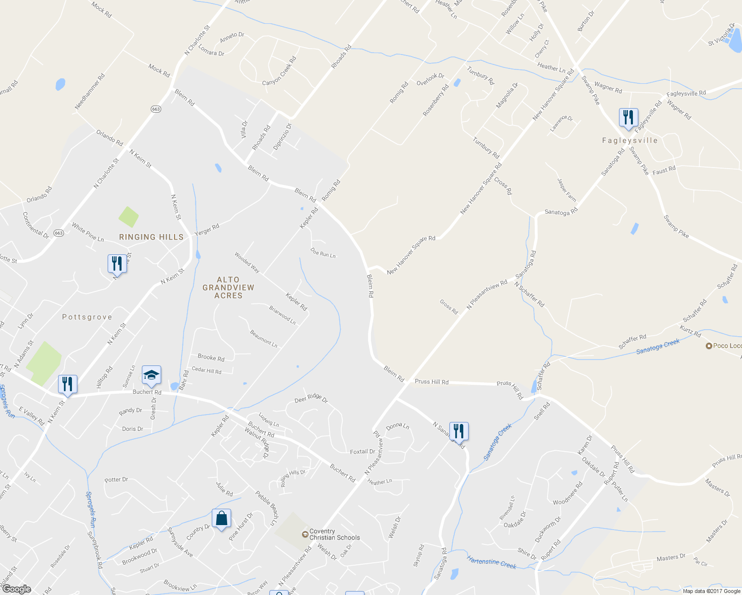 map of restaurants, bars, coffee shops, grocery stores, and more near 1724 Bleim Road in Sanatoga