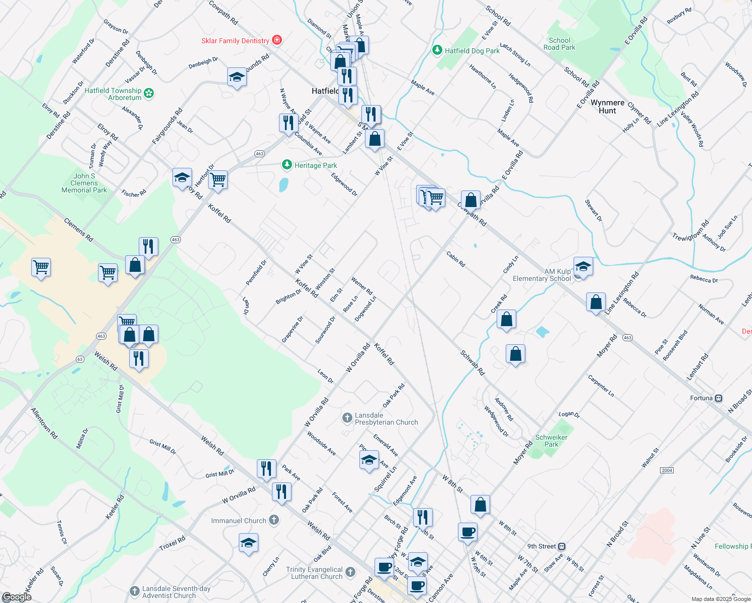 map of restaurants, bars, coffee shops, grocery stores, and more near 926 Dogwood Lane in Hatfield