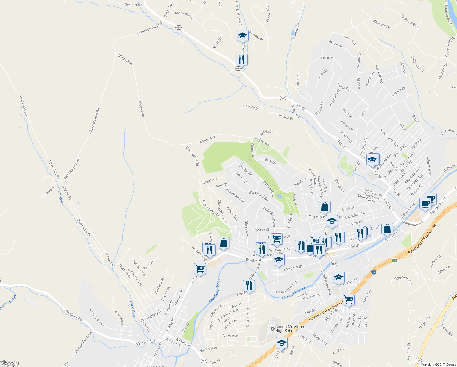 map of restaurants, bars, coffee shops, grocery stores, and more near 206 Fern Street in Canonsburg