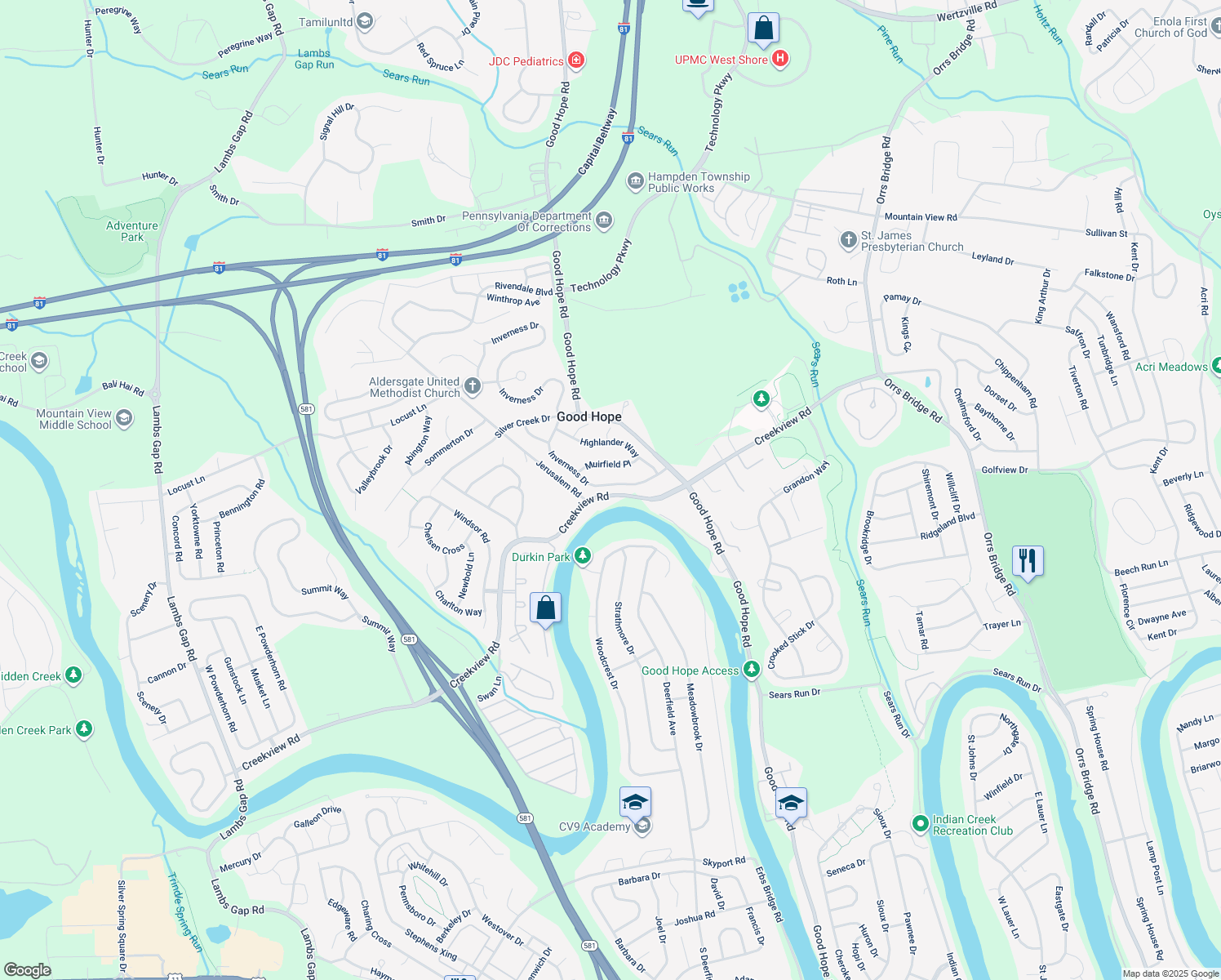map of restaurants, bars, coffee shops, grocery stores, and more near 5021 Inverness Drive in Mechanicsburg