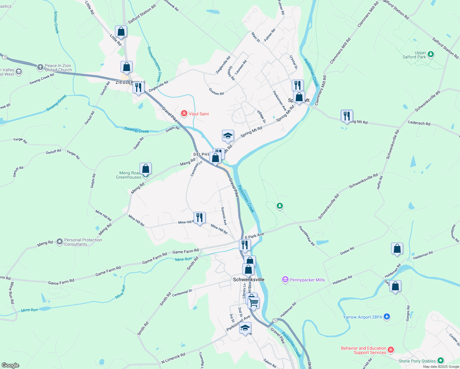 map of restaurants, bars, coffee shops, grocery stores, and more near 1001 Main St in Schwenksville