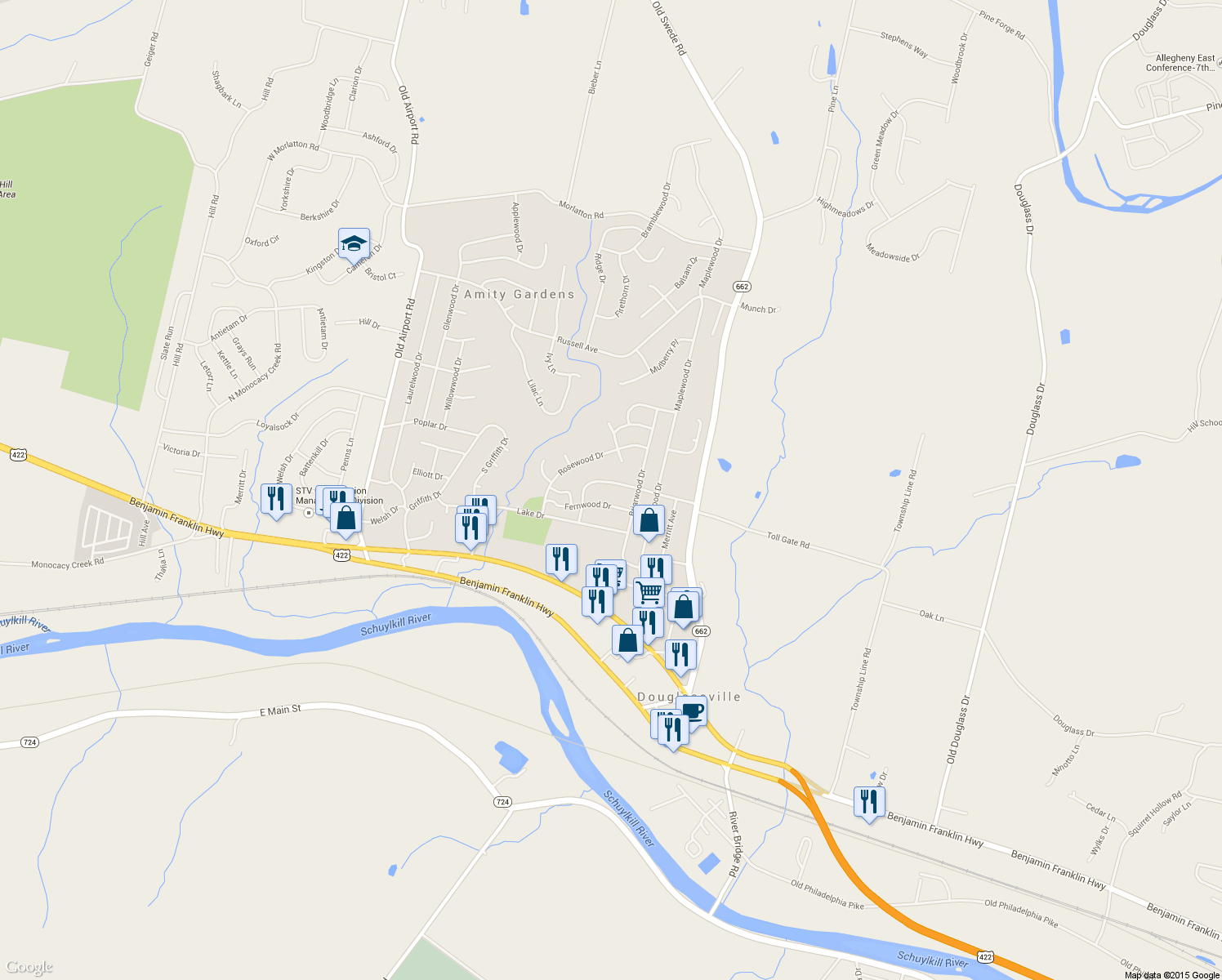 map of restaurants, bars, coffee shops, grocery stores, and more near 736 Nicholson Avenue in Douglassville