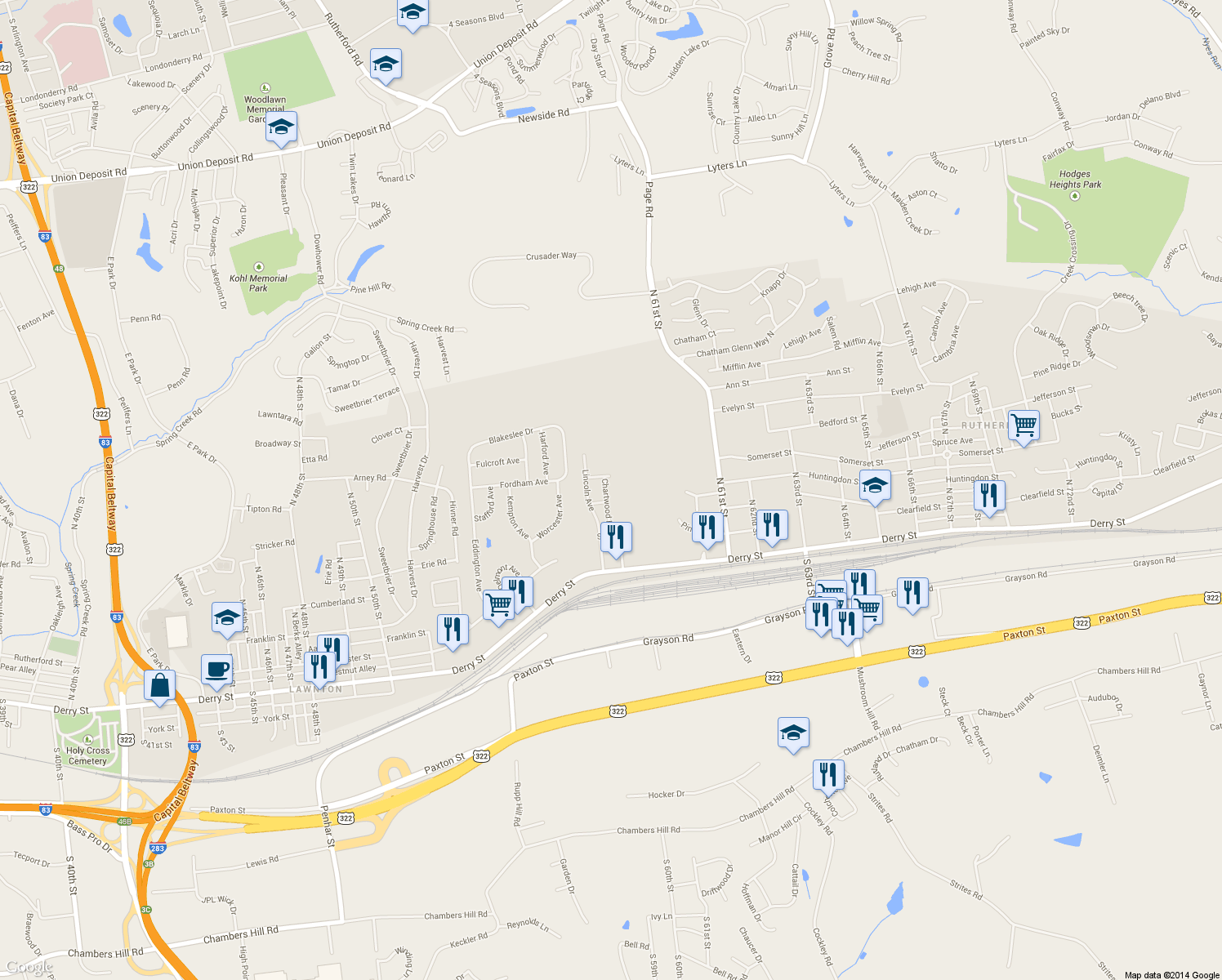 map of restaurants, bars, coffee shops, grocery stores, and more near 263 Chartwood Drive in Harrisburg