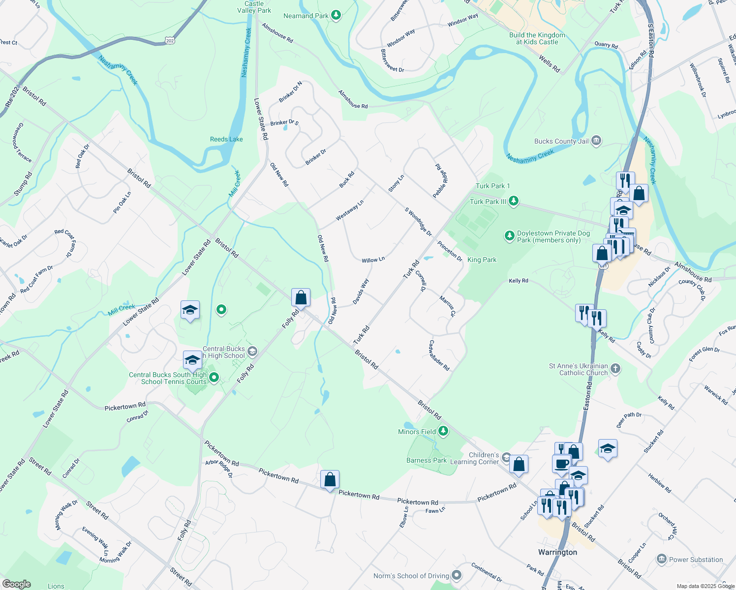 map of restaurants, bars, coffee shops, grocery stores, and more near 34 Linda Lane in Warrington
