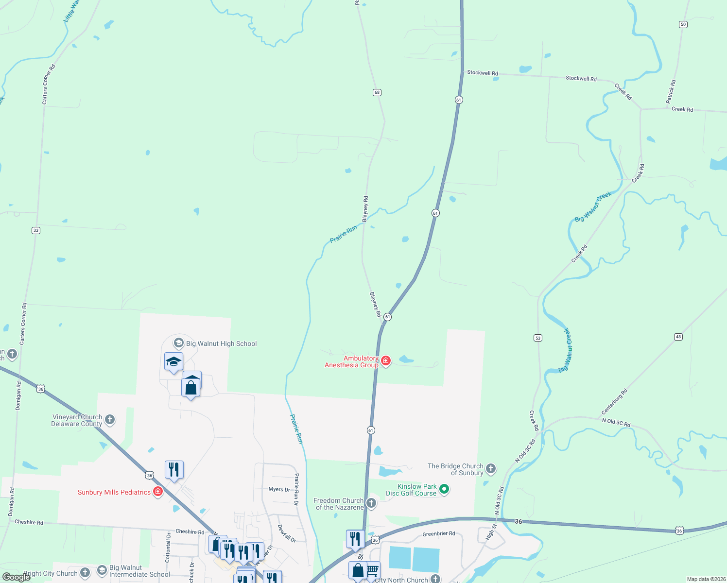 map of restaurants, bars, coffee shops, grocery stores, and more near 1881 Blayney Road in Sunbury