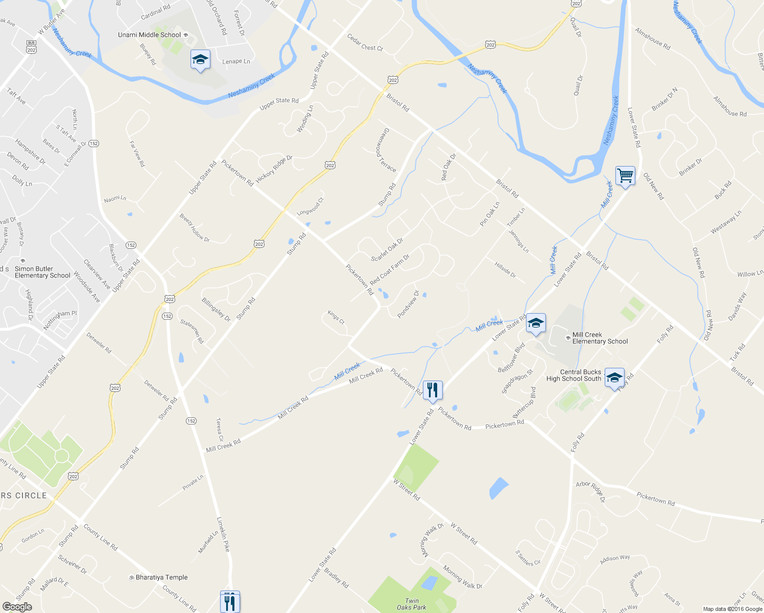 map of restaurants, bars, coffee shops, grocery stores, and more near 922 Red Coat Farm Drive in Chalfont