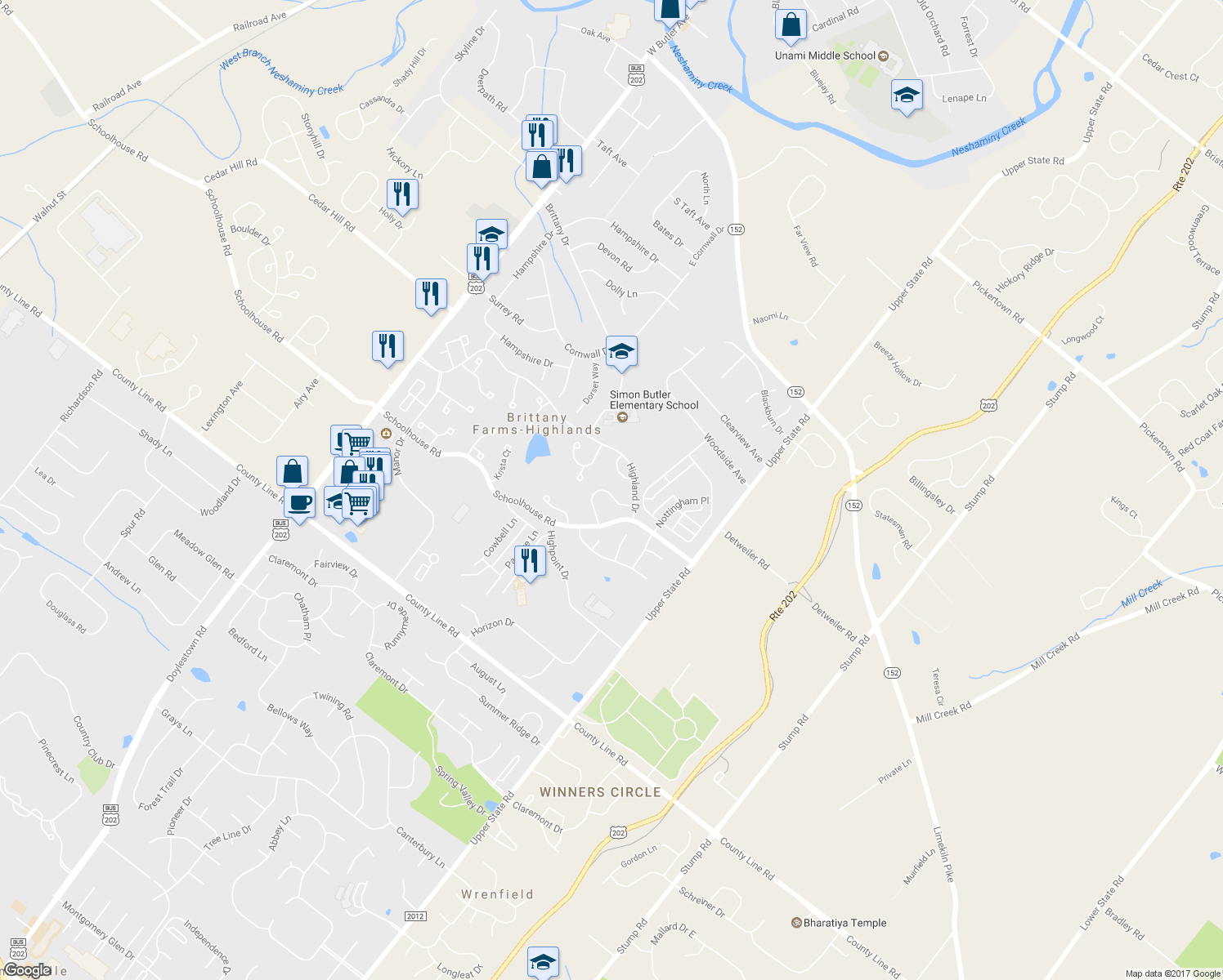 map of restaurants, bars, coffee shops, grocery stores, and more near 262 Prince William Way in Chalfont