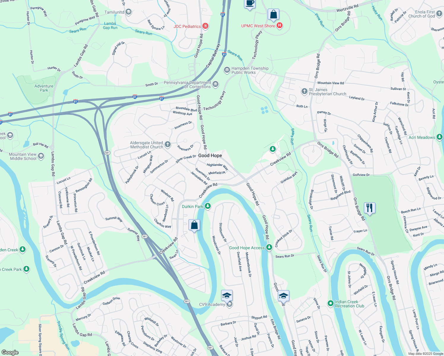 map of restaurants, bars, coffee shops, grocery stores, and more near 5016 Inverness Drive in Mechanicsburg