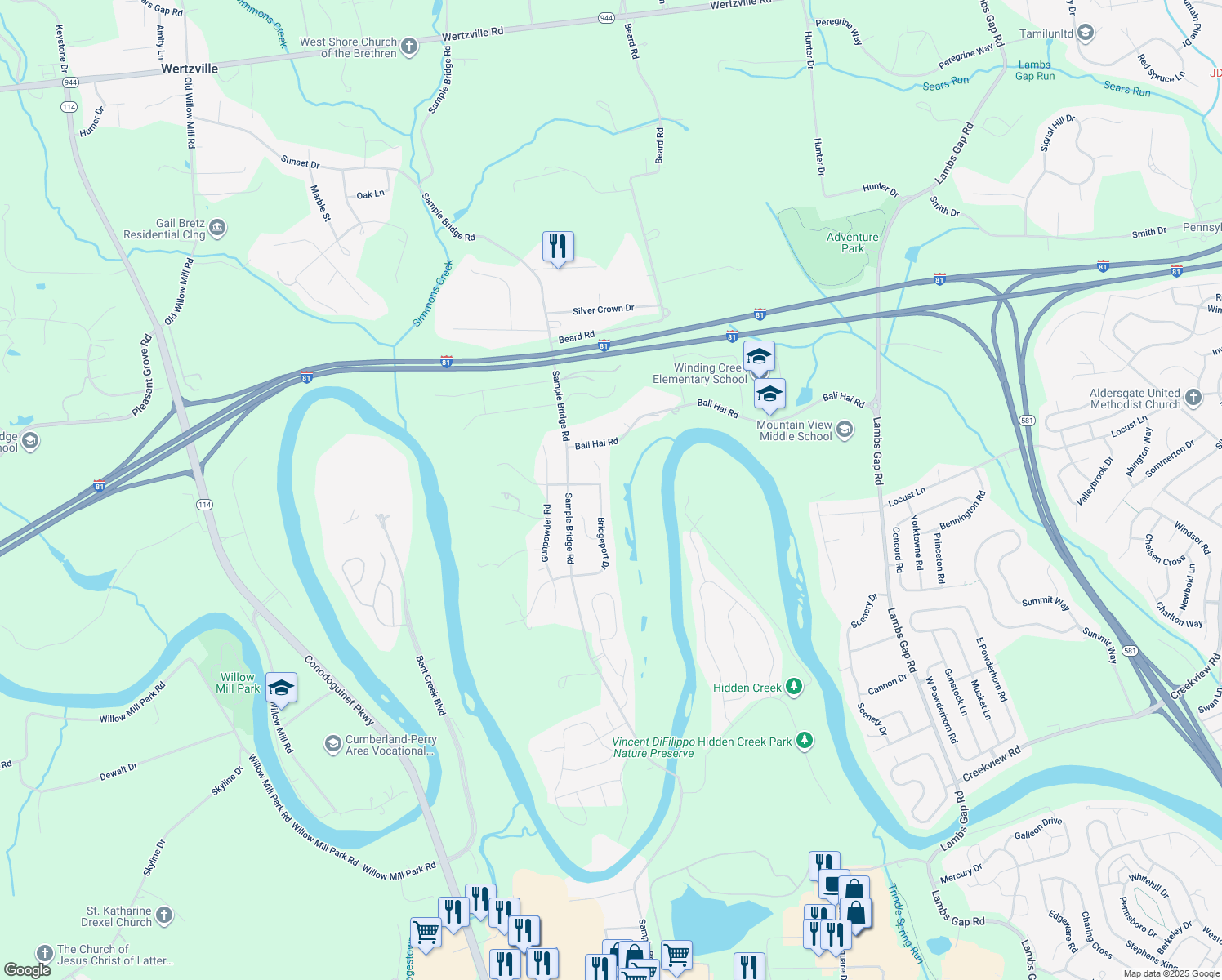 map of restaurants, bars, coffee shops, grocery stores, and more near 24 Bridgeport Drive in Mechanicsburg