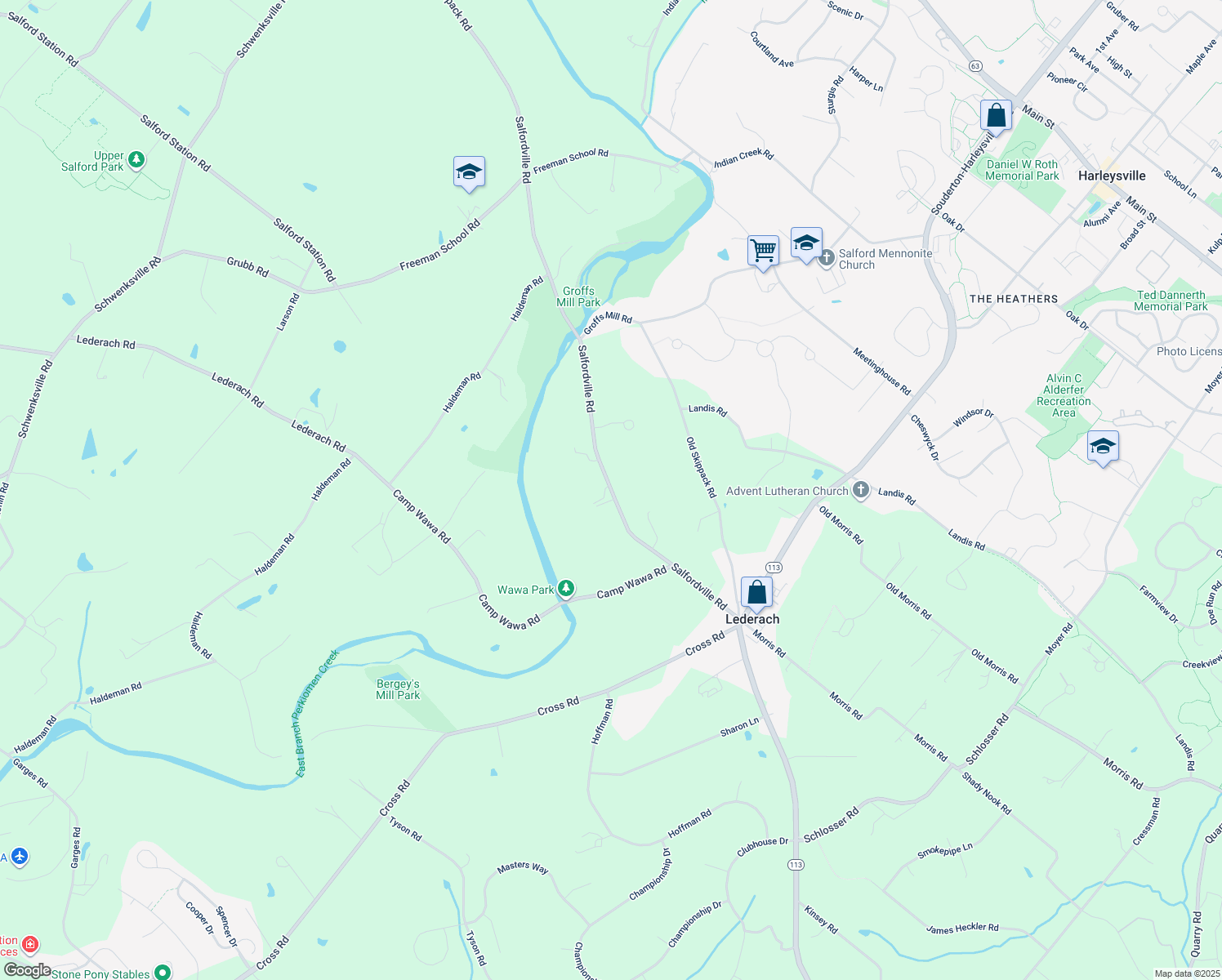map of restaurants, bars, coffee shops, grocery stores, and more near 629 Salfordville Road in Harleysville