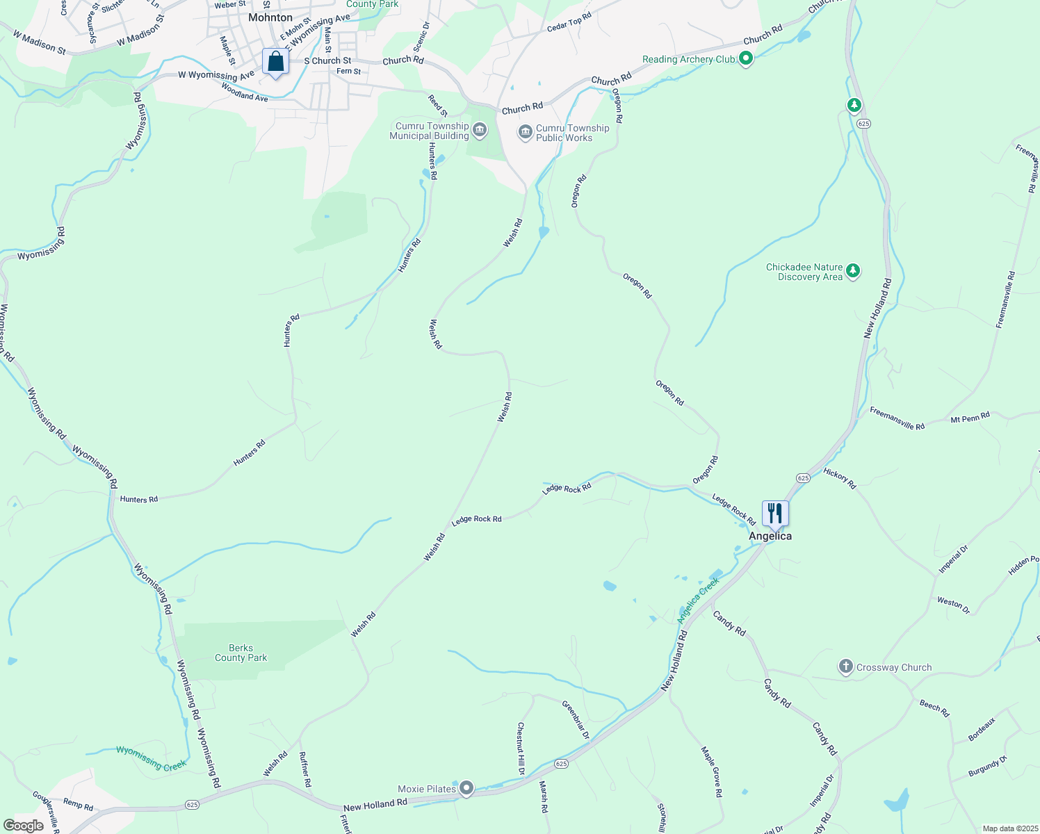map of restaurants, bars, coffee shops, grocery stores, and more near 2408 Welsh Road in Mohnton