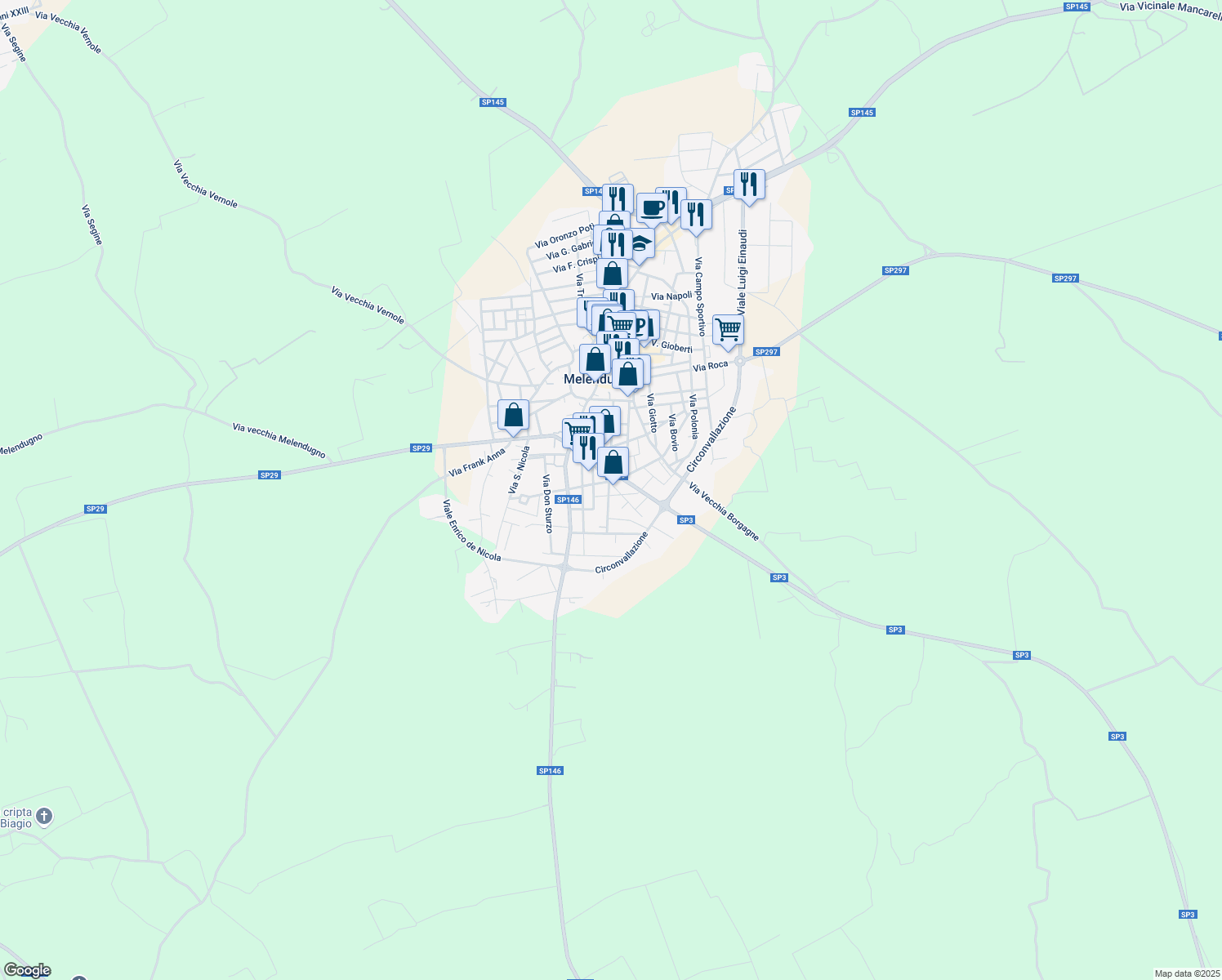 map of restaurants, bars, coffee shops, grocery stores, and more near SP29 in Melendugno