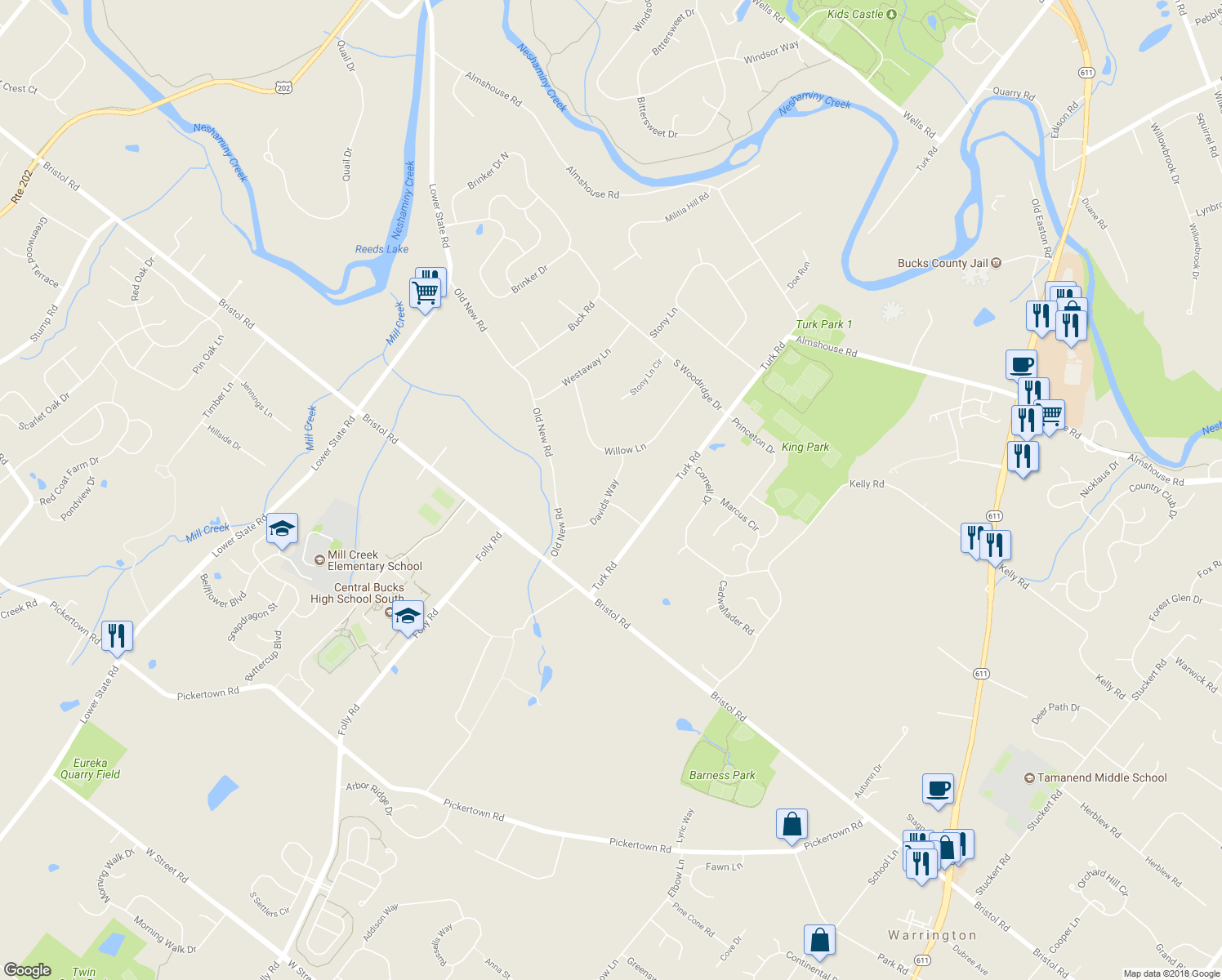 map of restaurants, bars, coffee shops, grocery stores, and more near 122 Davids Way in Warrington