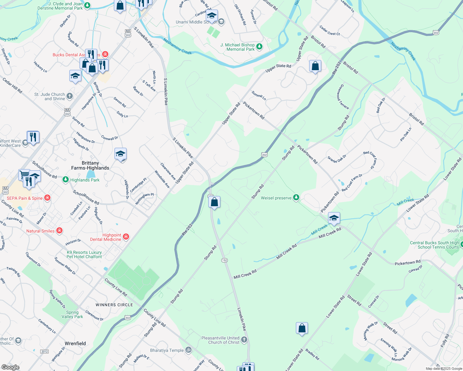 map of restaurants, bars, coffee shops, grocery stores, and more near 124 Billingsley Drive in Chalfont