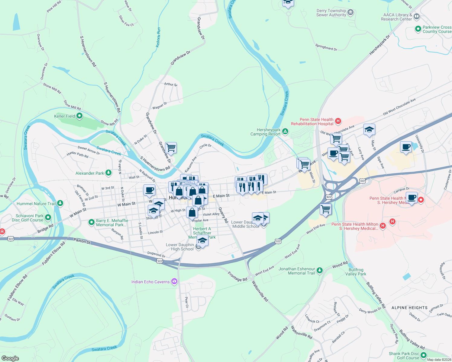 map of restaurants, bars, coffee shops, grocery stores, and more near 248 E 2nd St in Hummelstown
