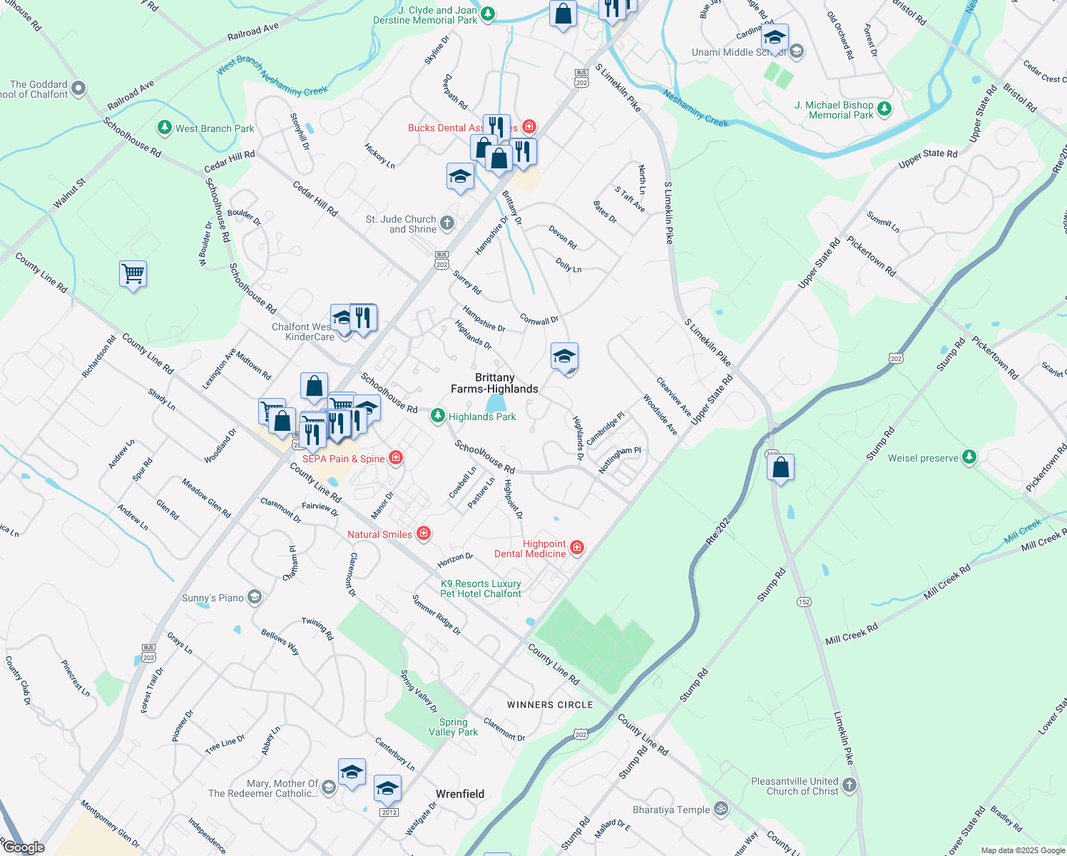 map of restaurants, bars, coffee shops, grocery stores, and more near 131 Bonnie Lark Court in Chalfont