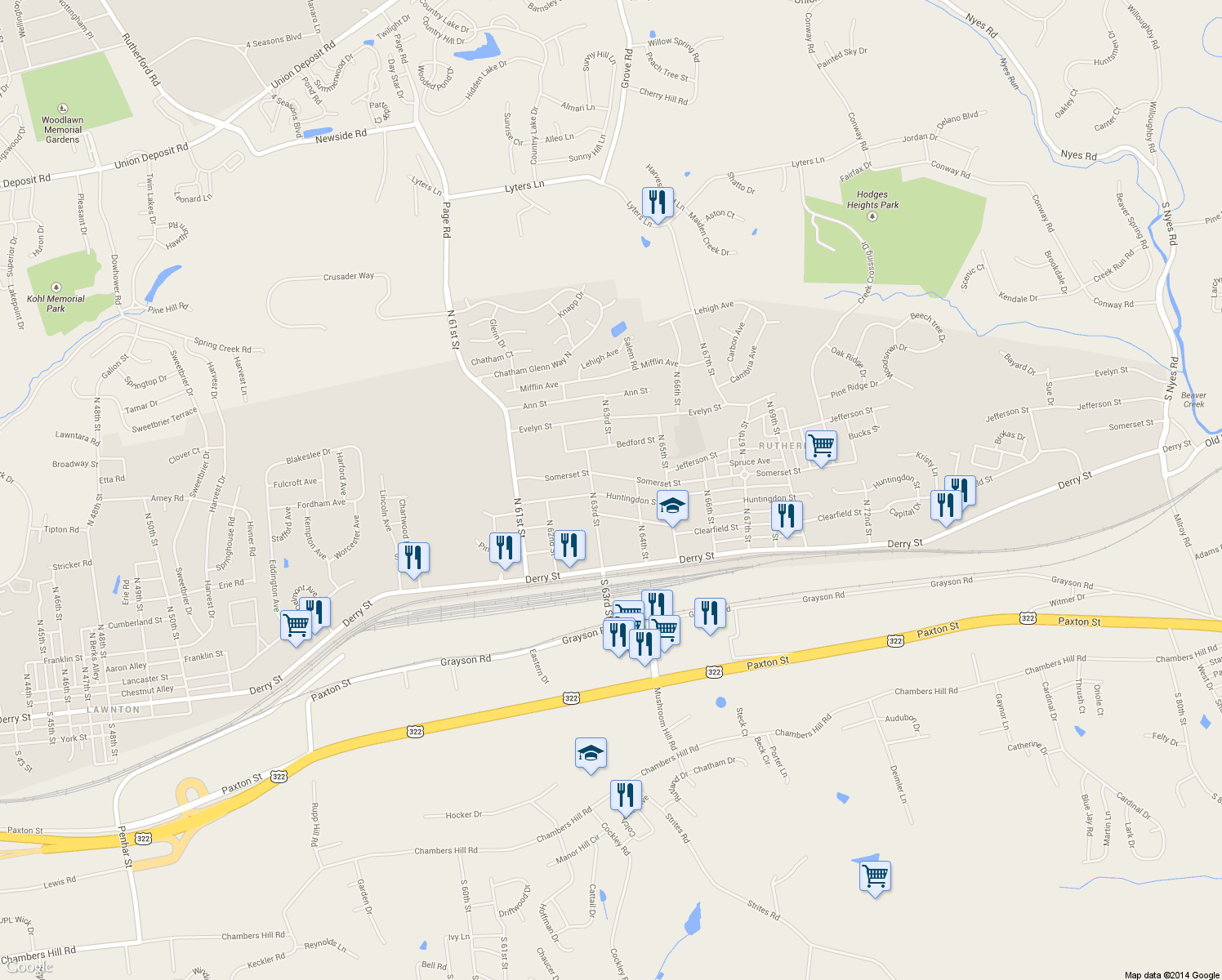 map of restaurants, bars, coffee shops, grocery stores, and more near 6330 Huntingdon Street in Harrisburg