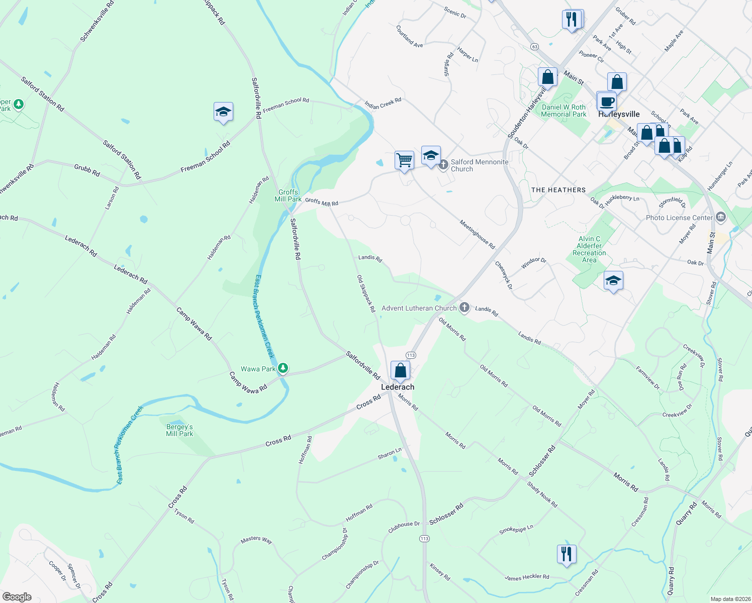 map of restaurants, bars, coffee shops, grocery stores, and more near 571 Old Skippack Rd in Harleysville
