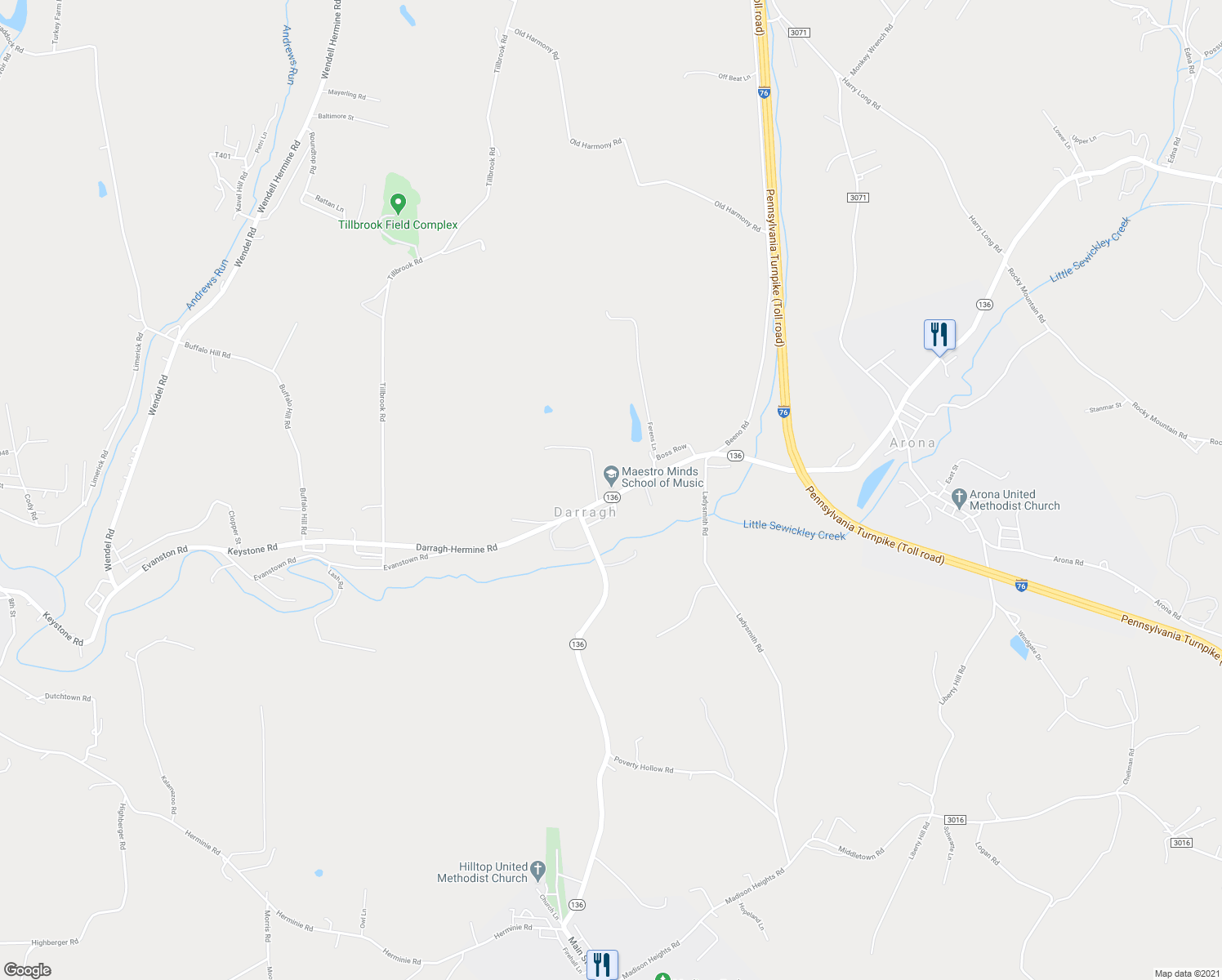 map of restaurants, bars, coffee shops, grocery stores, and more near 3251 Pennsylvania 136 in Irwin