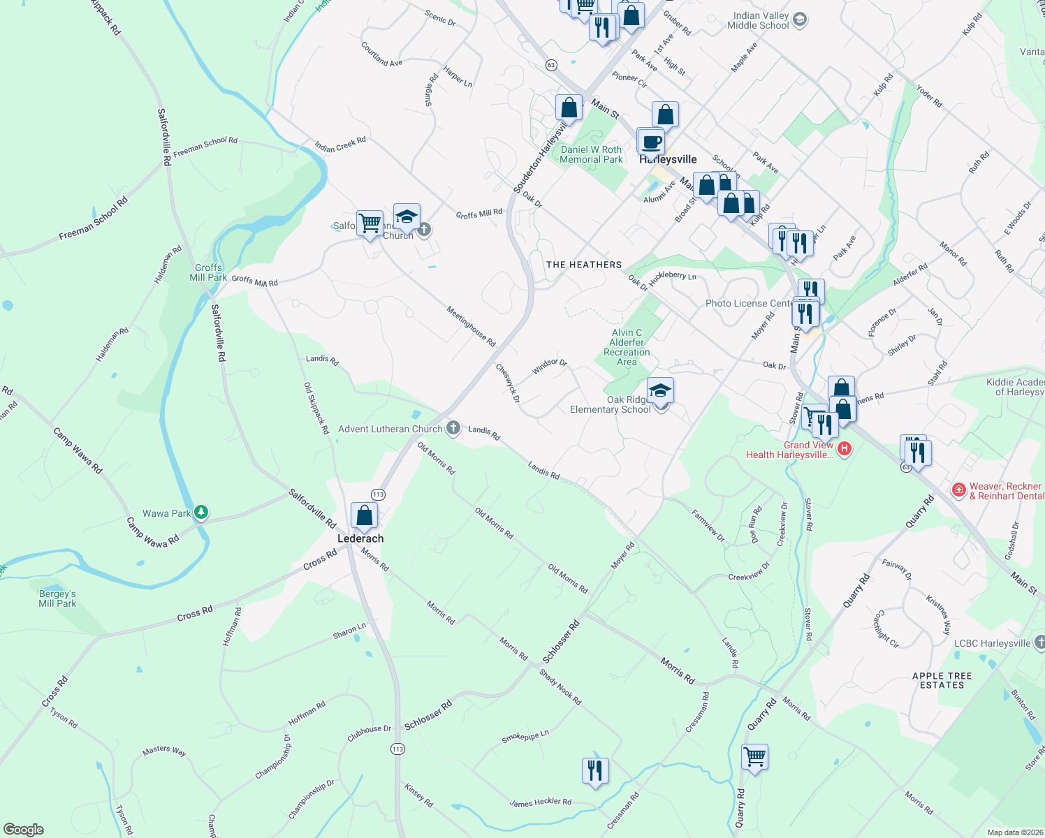 map of restaurants, bars, coffee shops, grocery stores, and more near 448 Cheswyck Dr in Harleysville