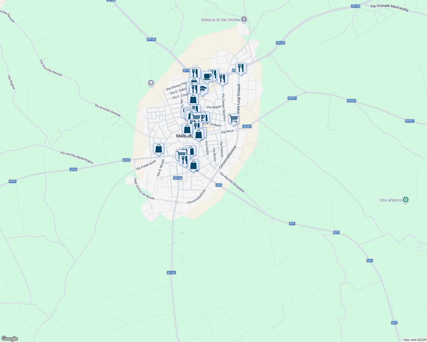 map of restaurants, bars, coffee shops, grocery stores, and more near 5 Via Matera in Melendugno