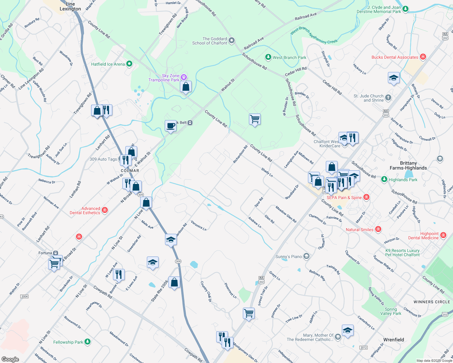 map of restaurants, bars, coffee shops, grocery stores, and more near 103 Lea Dr in Lansdale