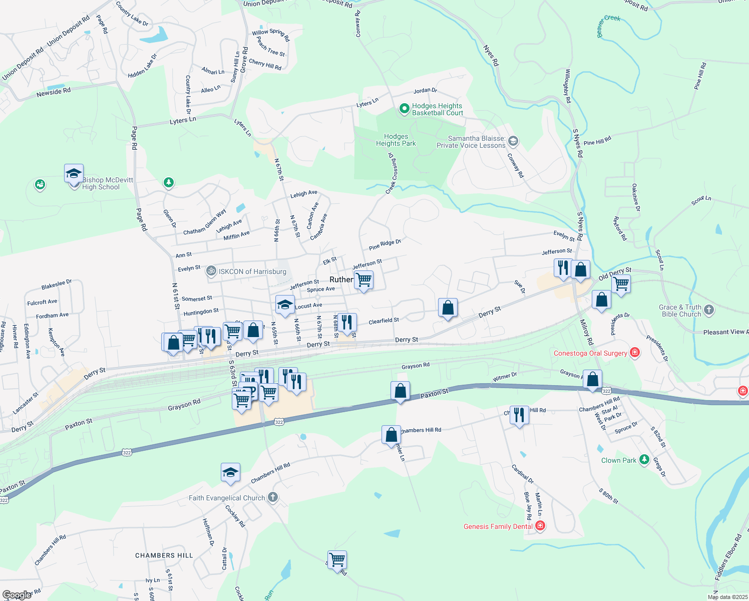 map of restaurants, bars, coffee shops, grocery stores, and more near 7090 Huntingdon Street in Harrisburg