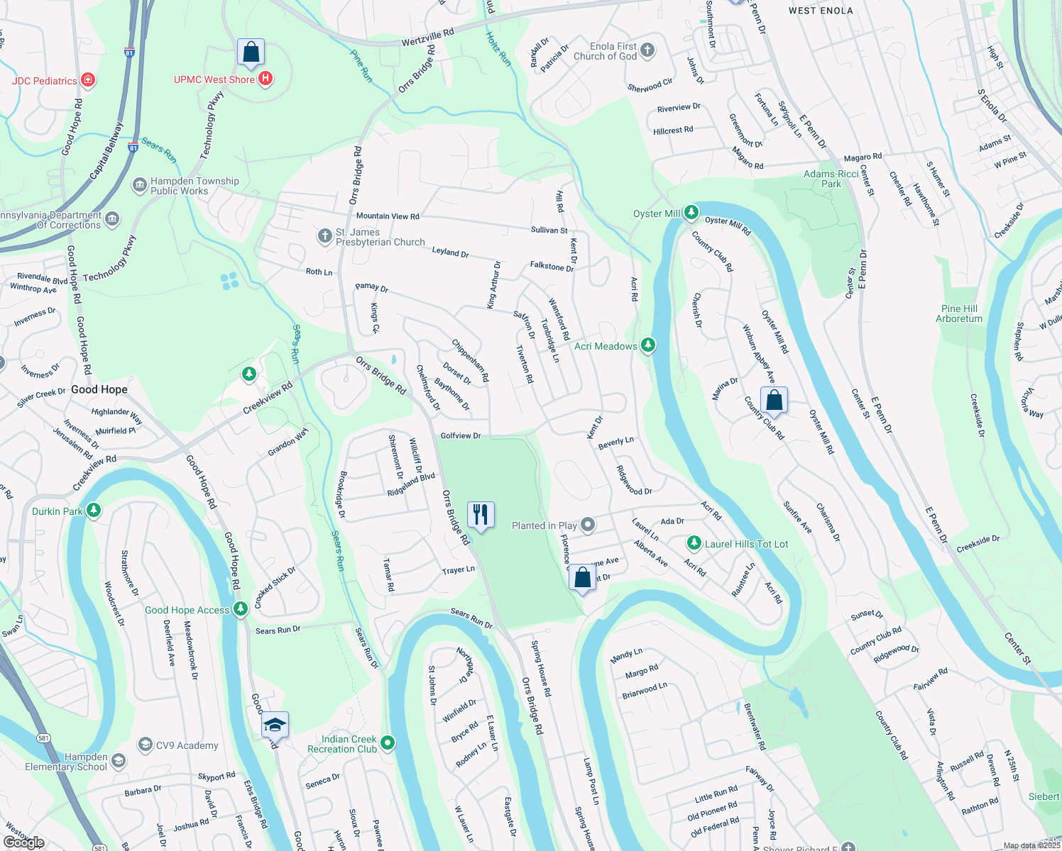 map of restaurants, bars, coffee shops, grocery stores, and more near 3620 Golfview Drive in Mechanicsburg