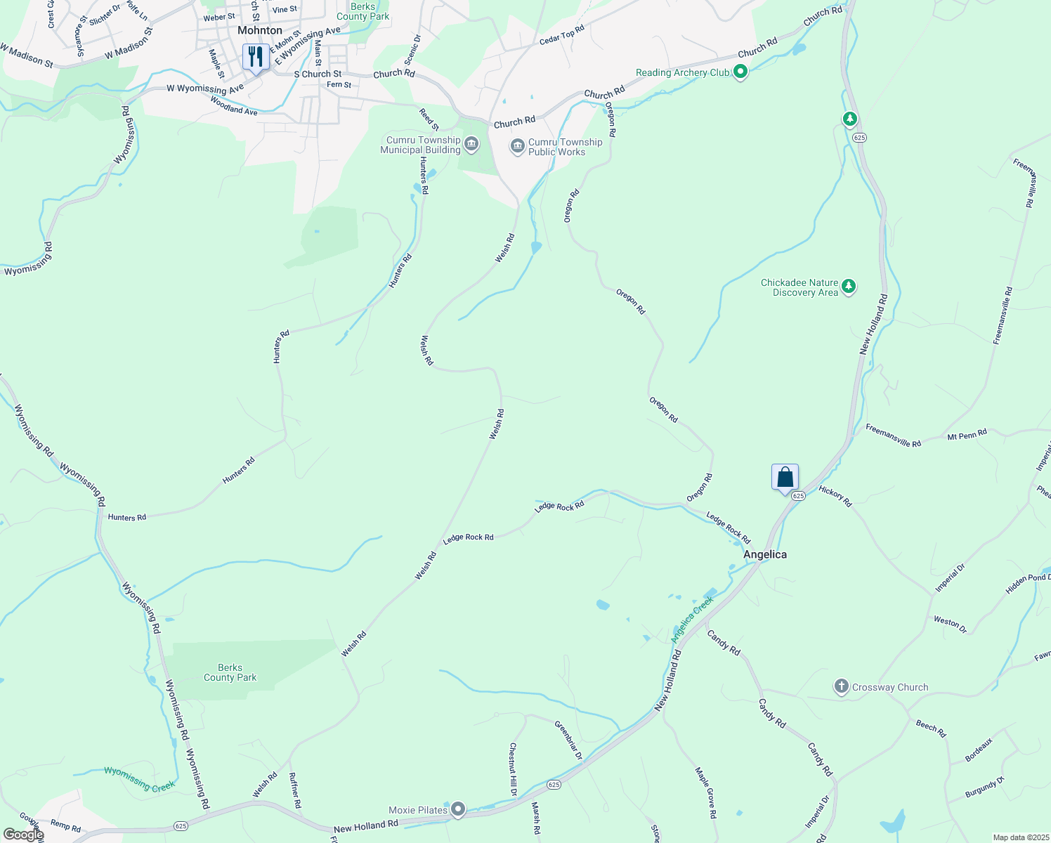 map of restaurants, bars, coffee shops, grocery stores, and more near 5 Forest Road in Mohnton