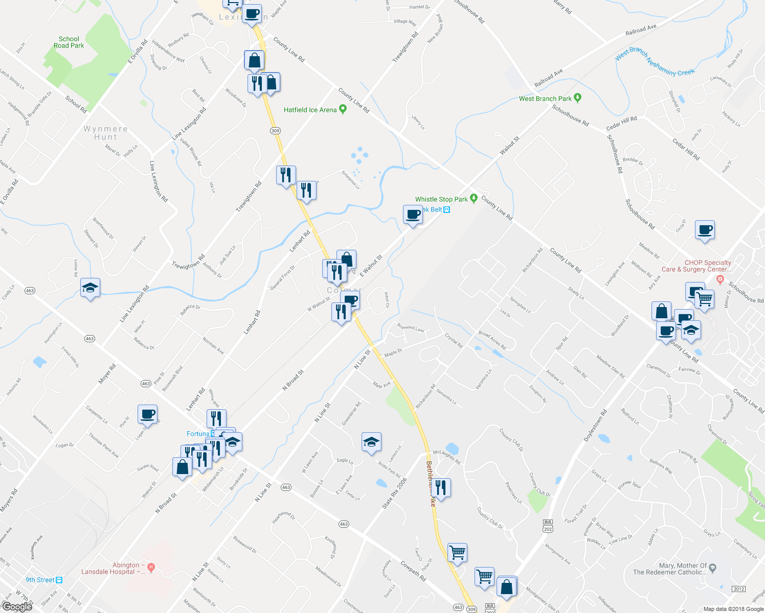 map of restaurants, bars, coffee shops, grocery stores, and more near 22 Arbor Circle in Colmar