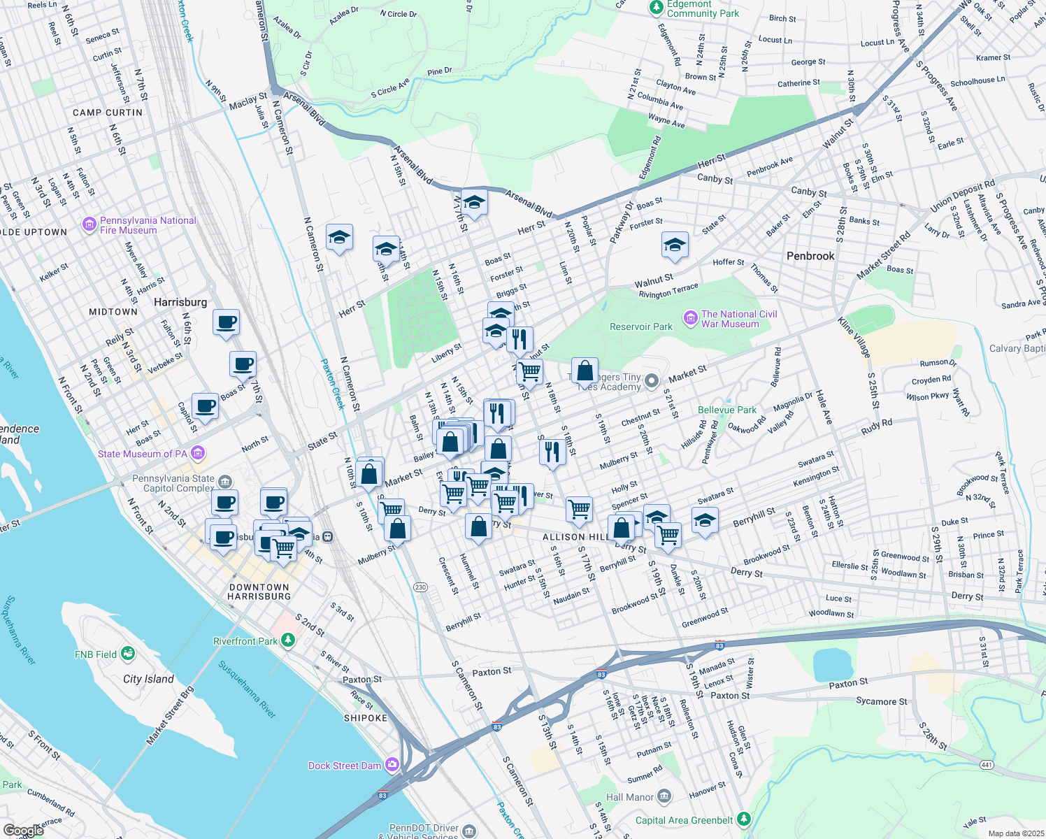 map of restaurants, bars, coffee shops, grocery stores, and more near 1627 Park Street in Harrisburg