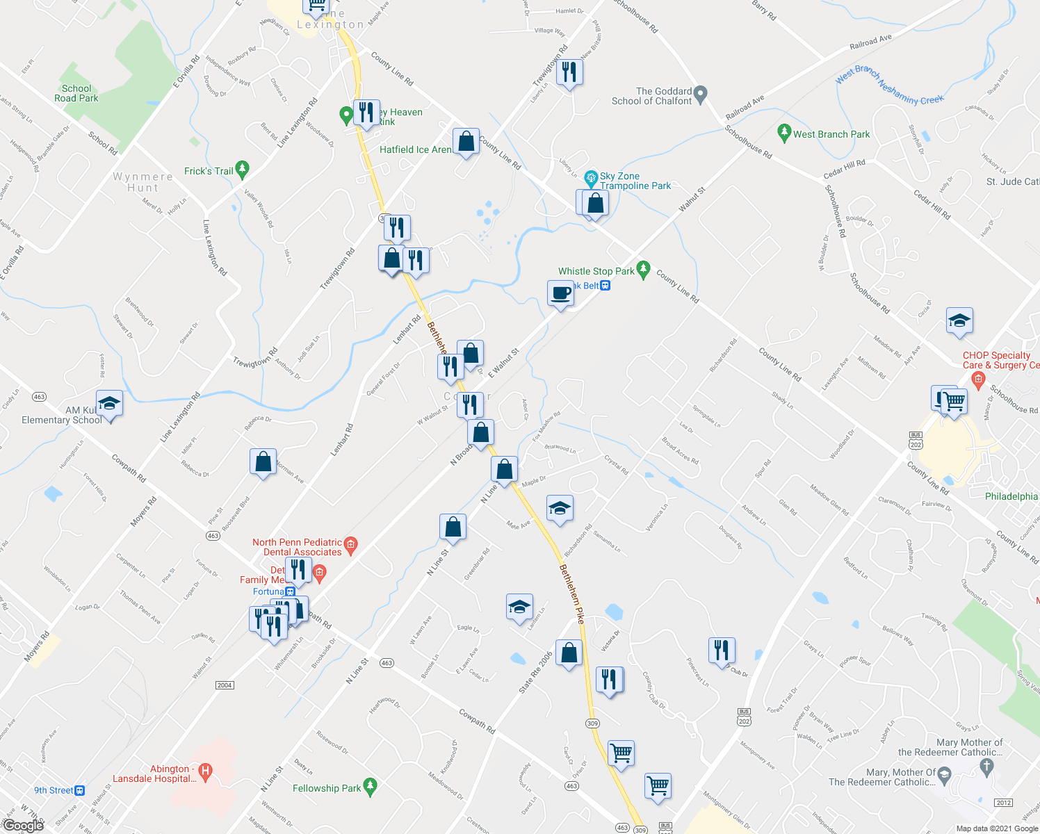 map of restaurants, bars, coffee shops, grocery stores, and more near 24 Arbor Circle in Colmar