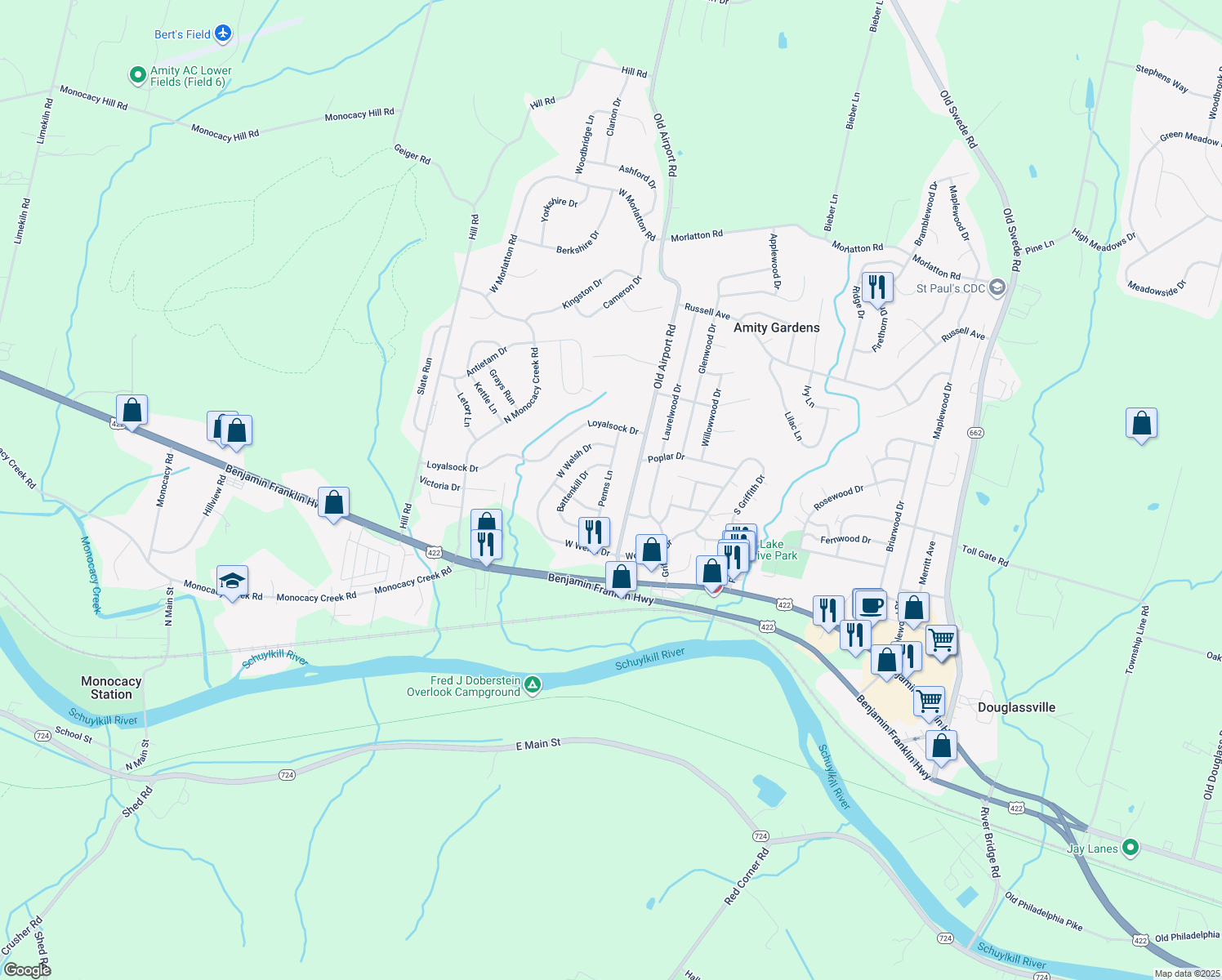 map of restaurants, bars, coffee shops, grocery stores, and more near 306 Penns Lane in Douglassville